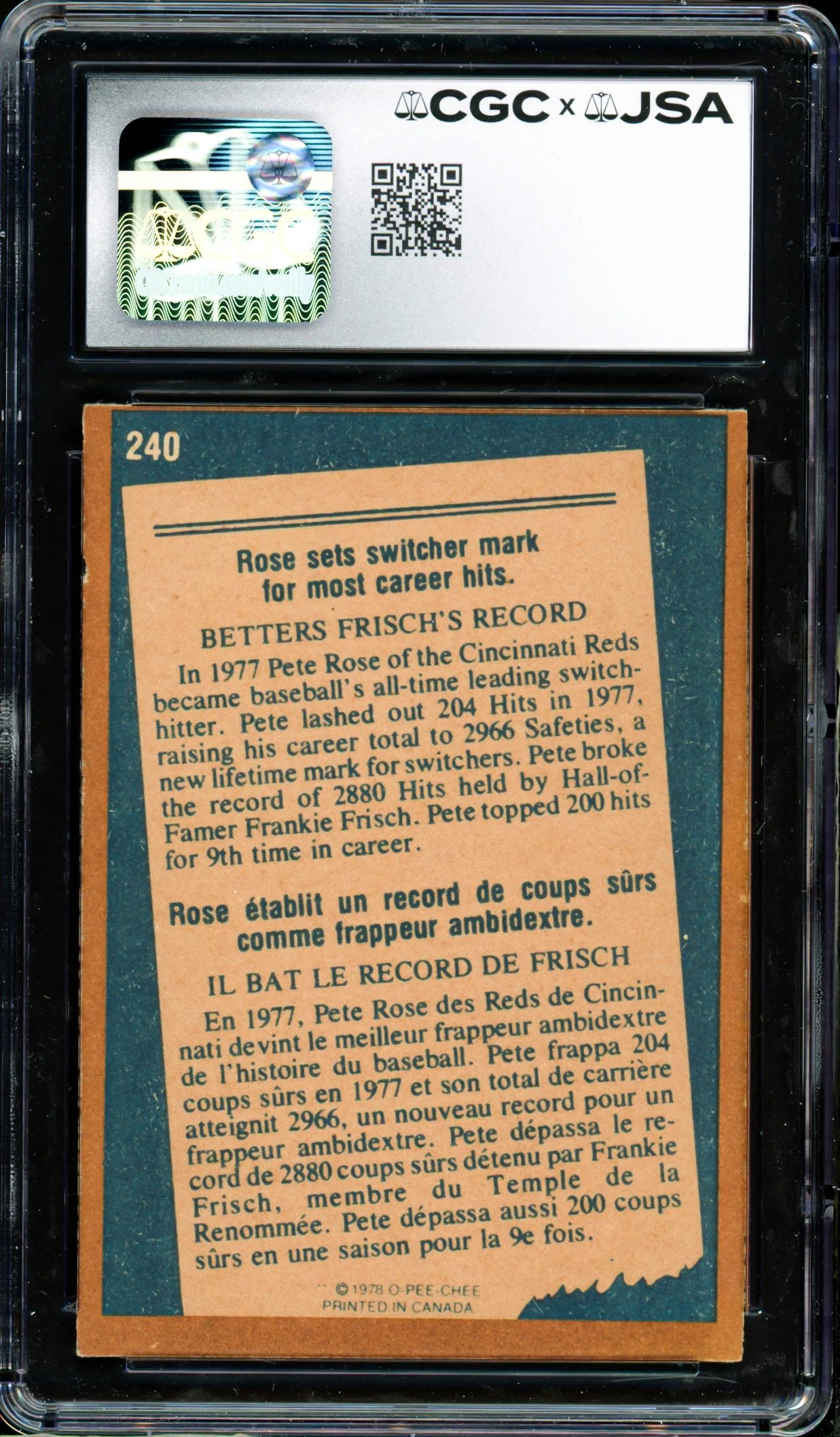 Pete Rose Autographed 1978 O-Pee-Chee Card #240 Cincinnati Reds Auto Grade Gem Mint 10 CGC x JSA #6078174076 - Image 2
