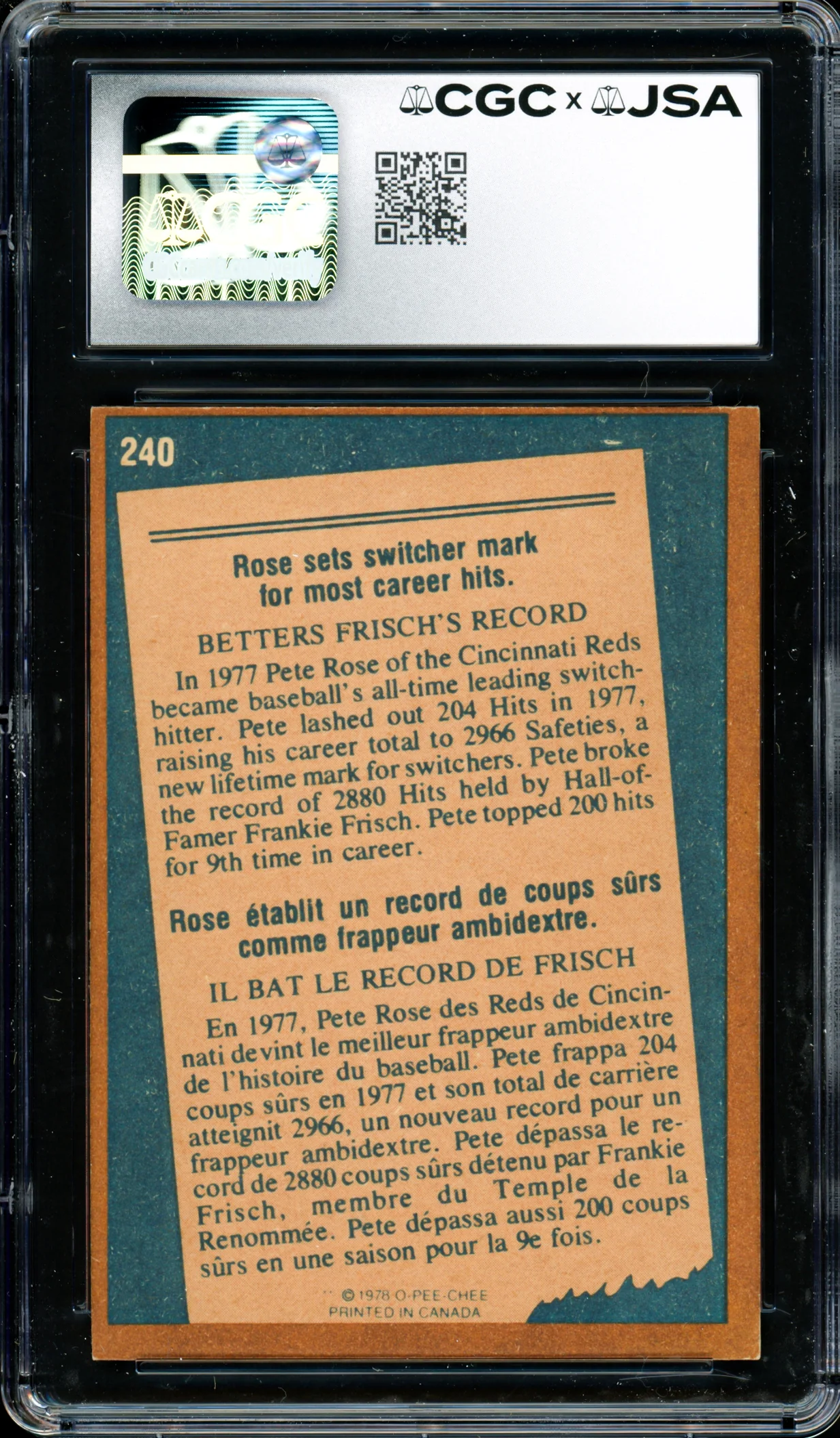 Pete Rose Autographed 1978 O-Pee-Chee Card #240 Cincinnati Reds CGC x JSA #6078174090 - Image 2