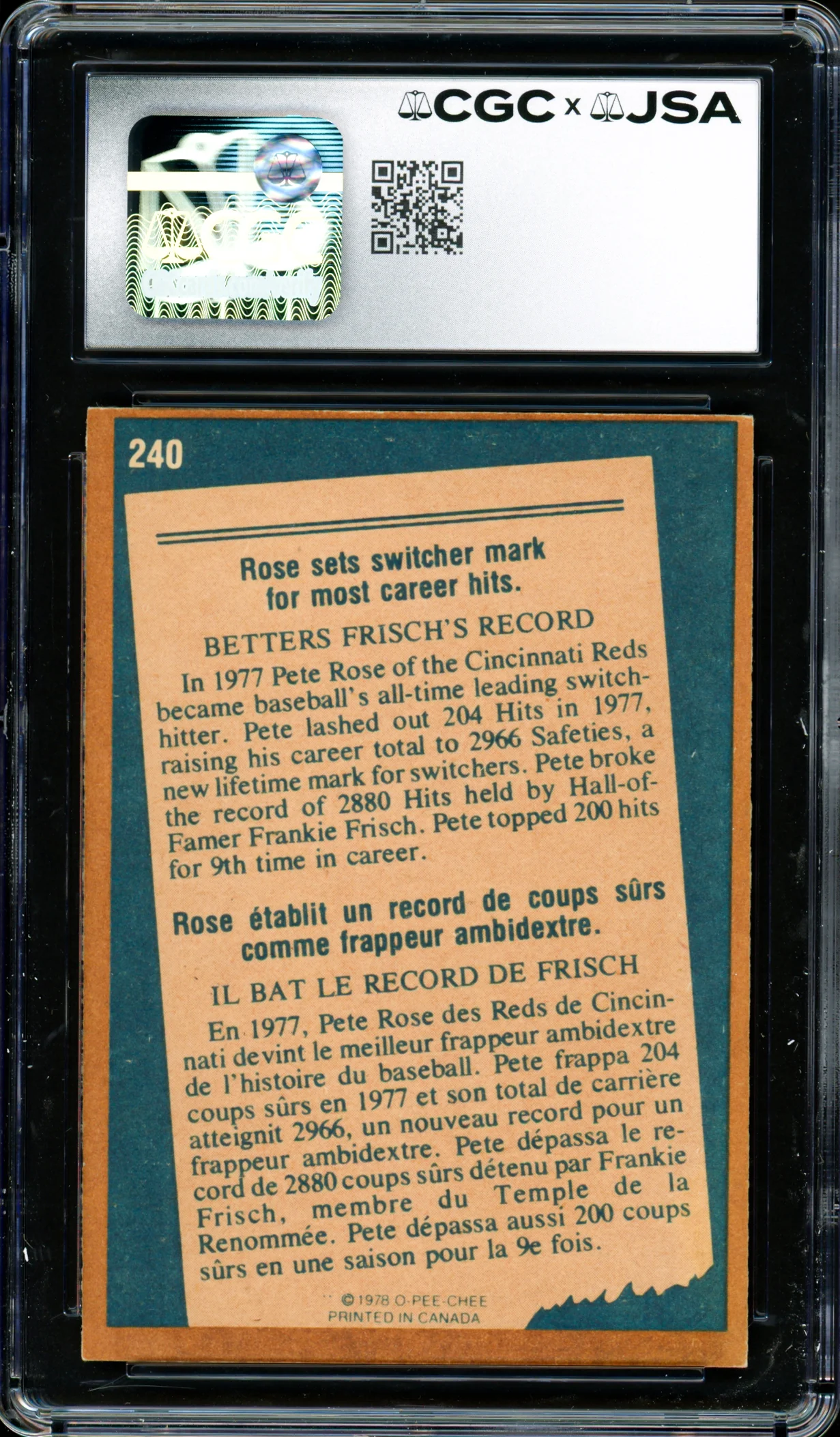 Pete Rose Autographed 1978 O-Pee-Chee Card #240 Cincinnati Reds CGC x JSA #6078174091 - Image 2