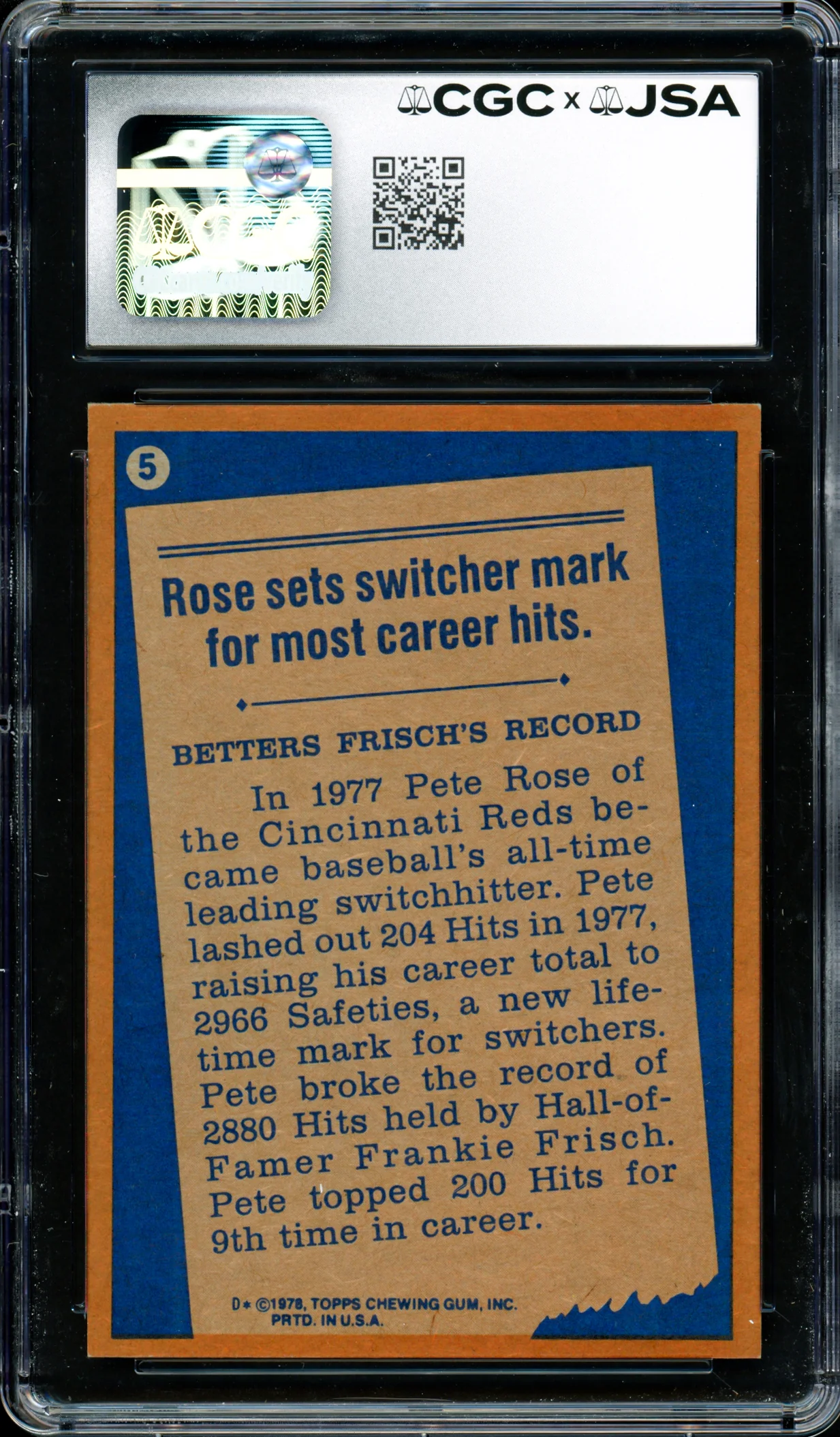 Pete Rose Autographed 1978 Topps Card #5 Cincinnati Reds Card Grade 7.5 CGC x JSA #6078174092 - Image 2