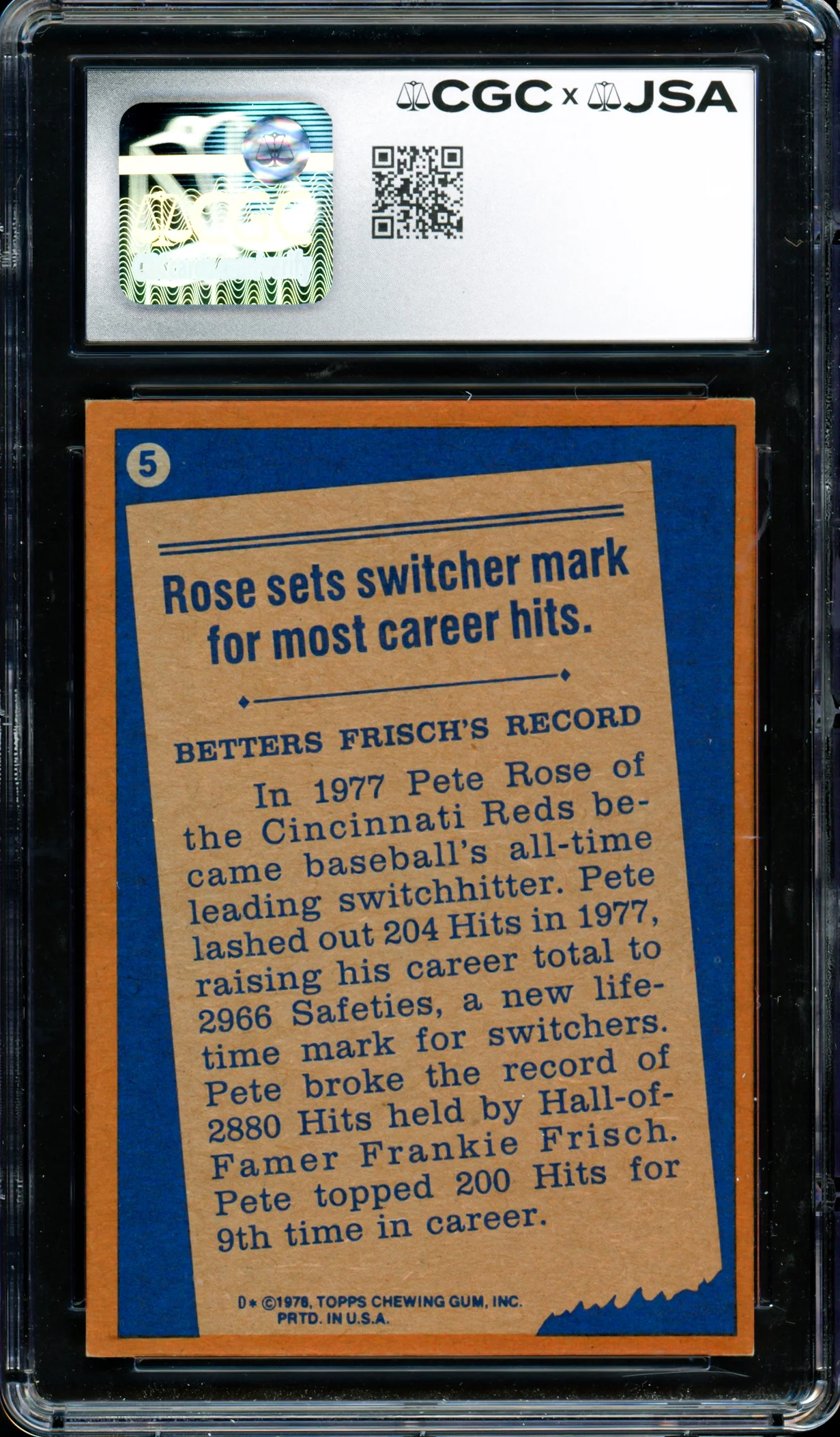Pete Rose Autographed 1978 Topps Card #5 Cincinnati Reds Card Grade 7.5 CGC x JSA #6078174104 - Image 2