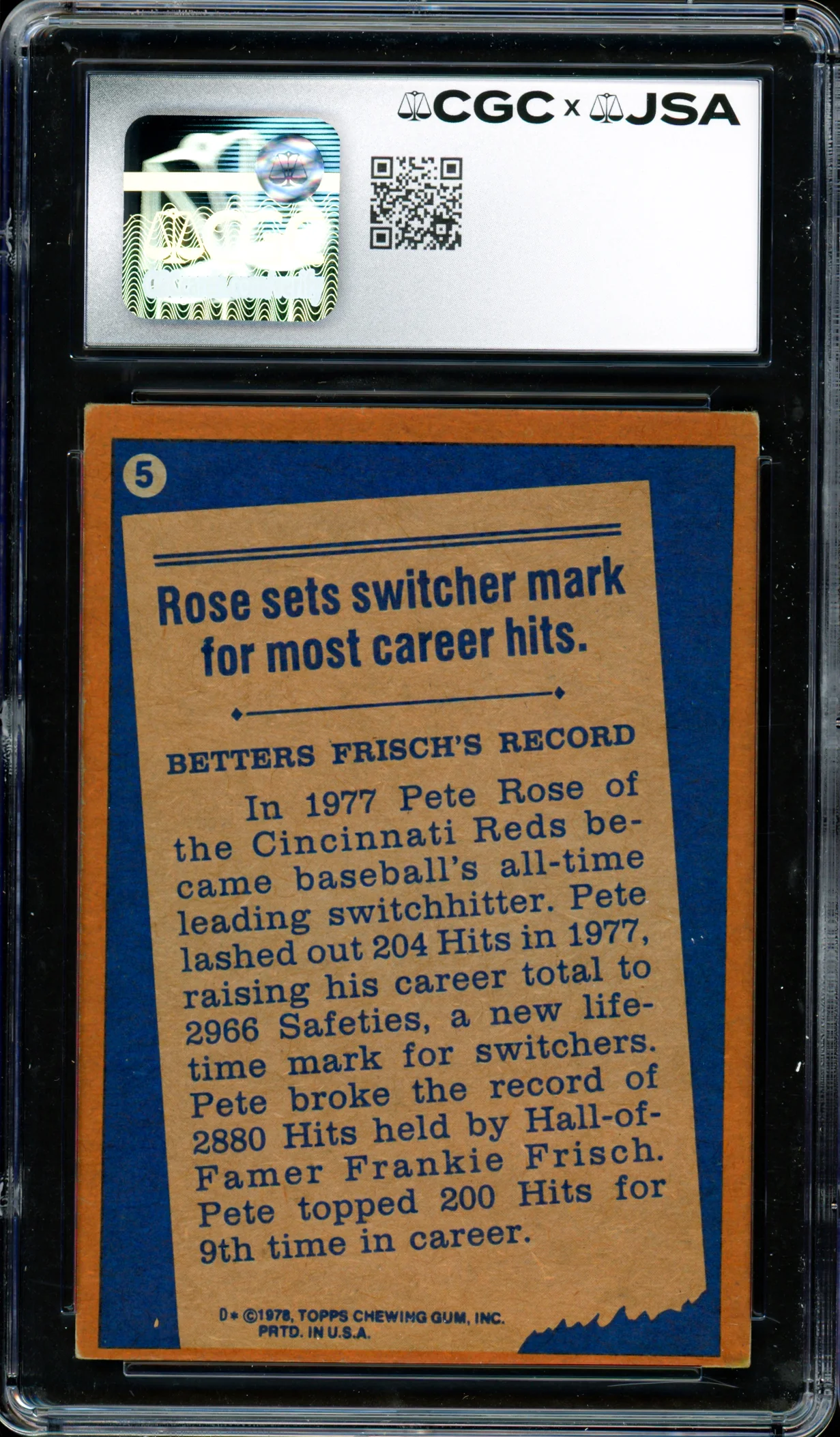 Pete Rose Autographed 1978 Topps Card #5 Cincinnati Reds CGC x JSA #6078174099 - Image 2