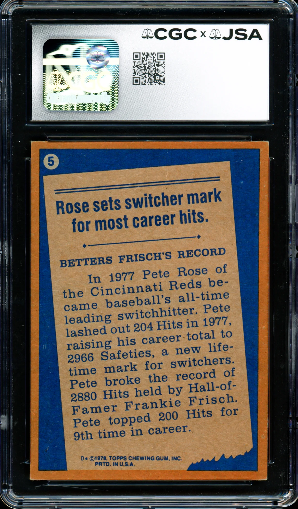 Pete Rose Autographed 1978 Topps Card #5 Cincinnati Reds CGC x JSA #6078174100 - Image 2
