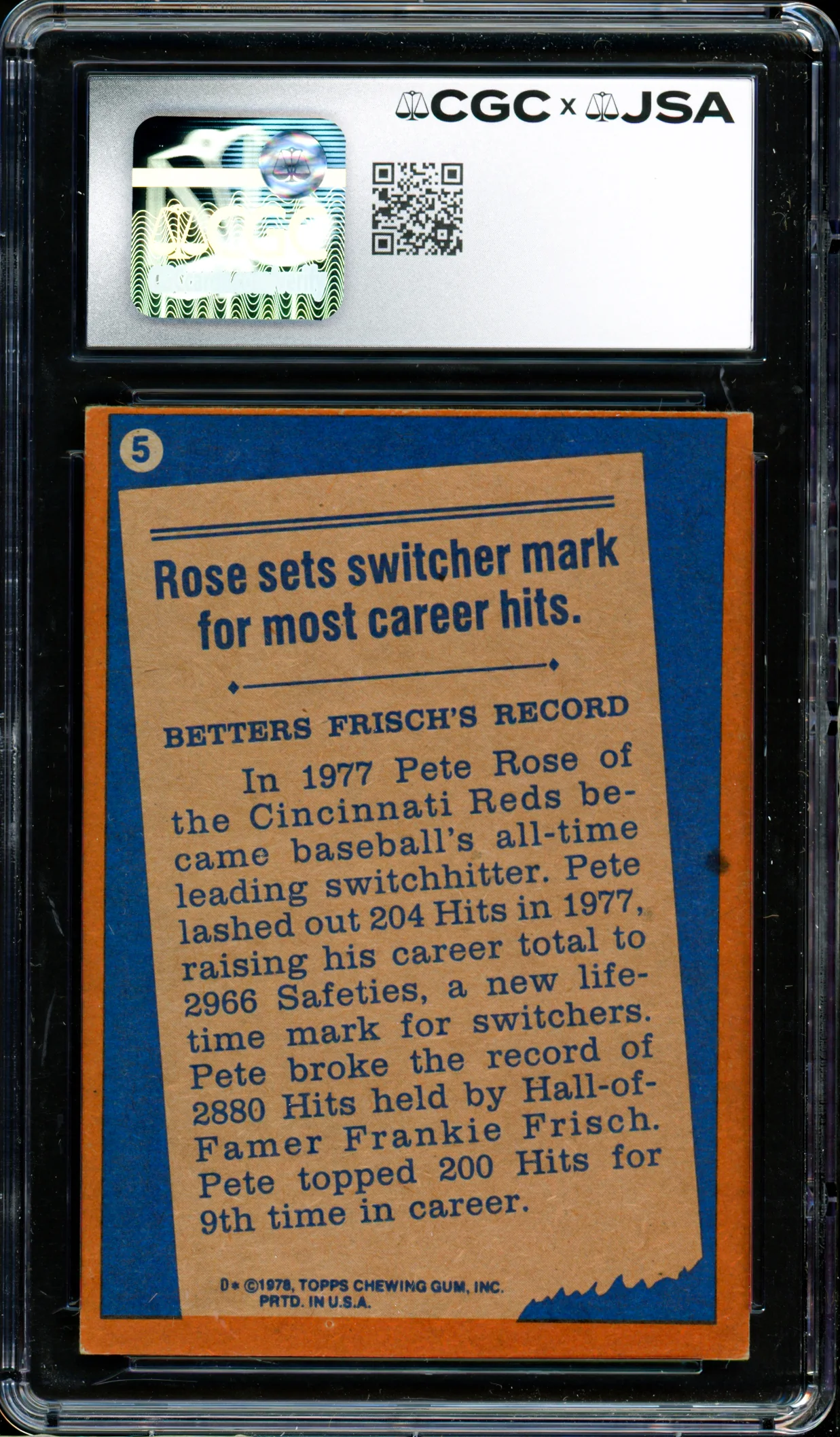 Pete Rose Autographed 1978 Topps Card #5 Cincinnati Reds CGC x JSA #6078174105 - Image 2