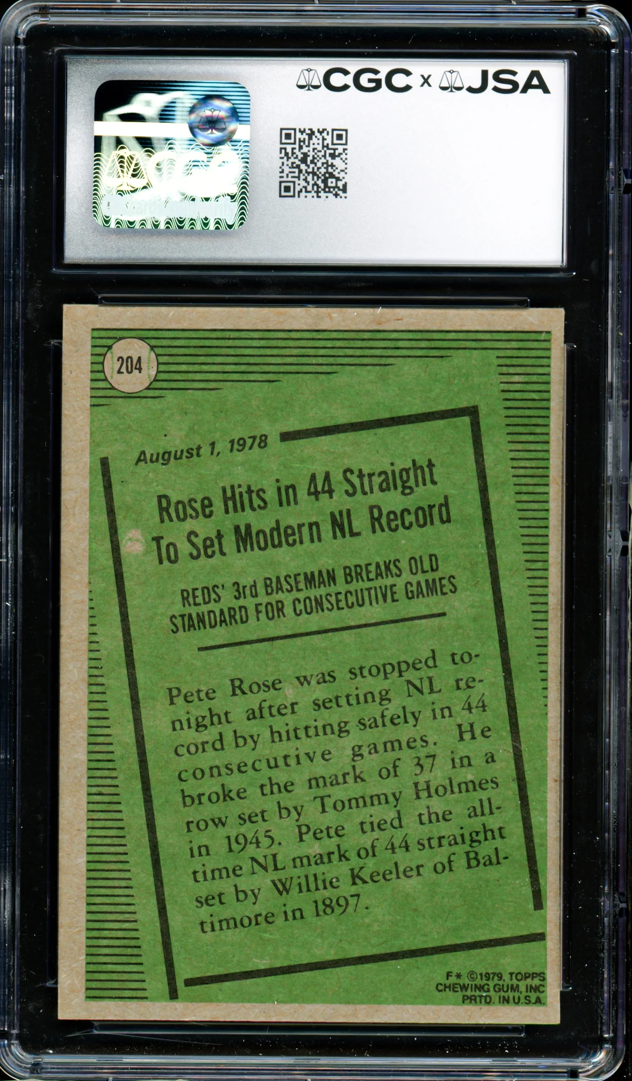 Pete Rose Autographed 1979 Topps Card #204 Cincinnati Reds Card Grade 7 CGC x JSA #6078174044 - Image 2