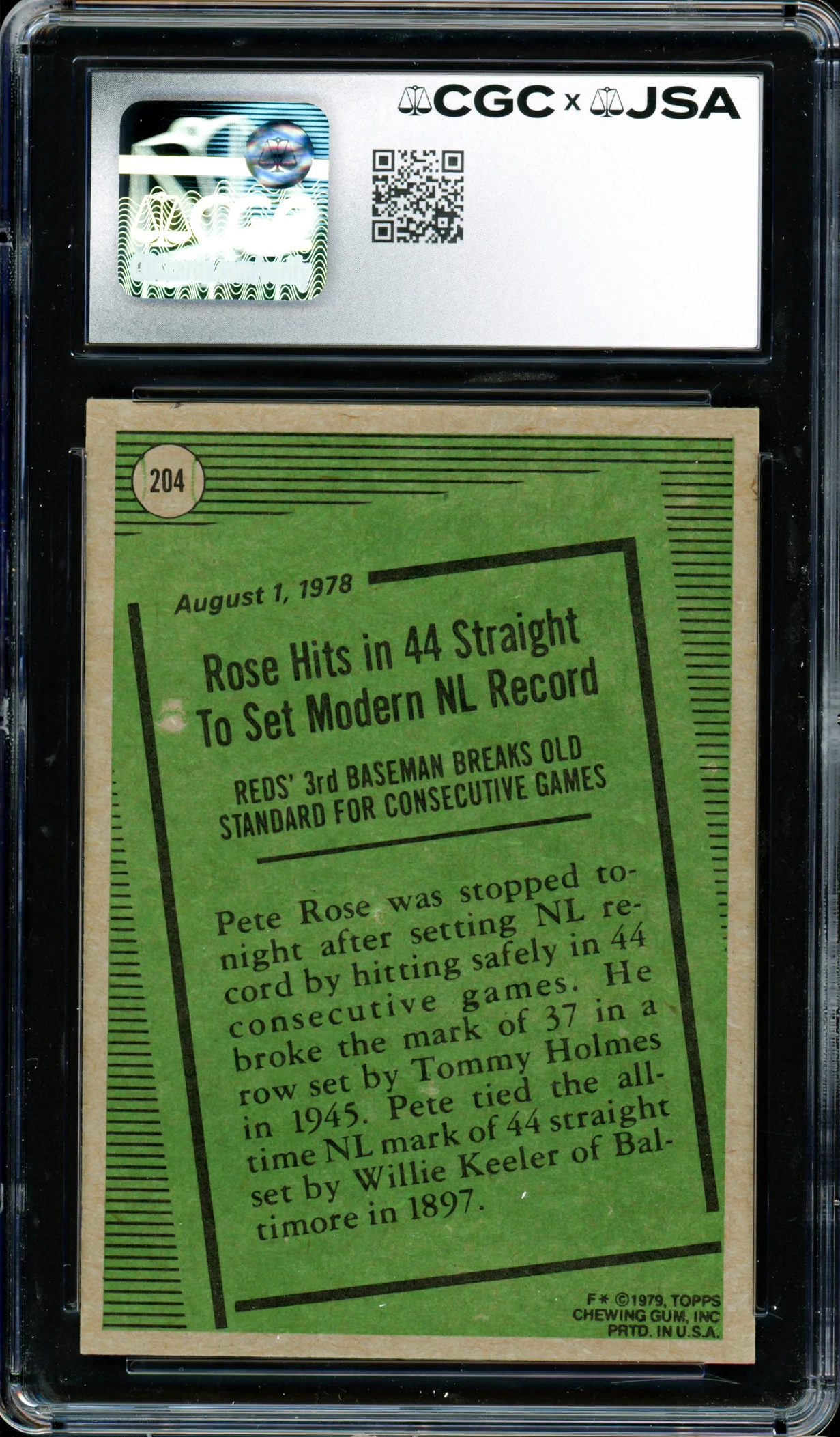 Pete Rose Autographed 1979 Topps Card #204 Cincinnati Reds CGC x JSA #6078174045 - Image 2