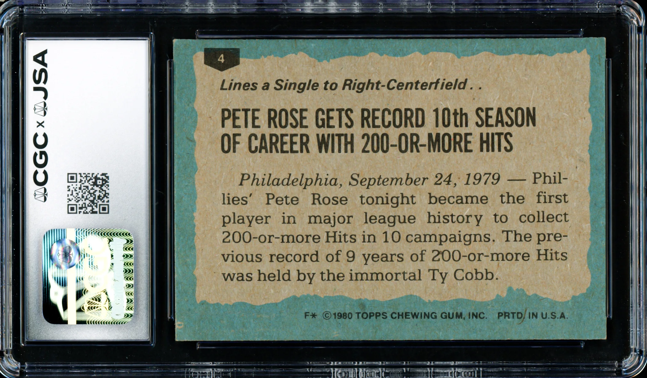 Pete Rose Autographed 1980 Topps Card #4 Philadelphia Phillies Card Grade 8.5 CGC x JSA #6078164223 - Image 2