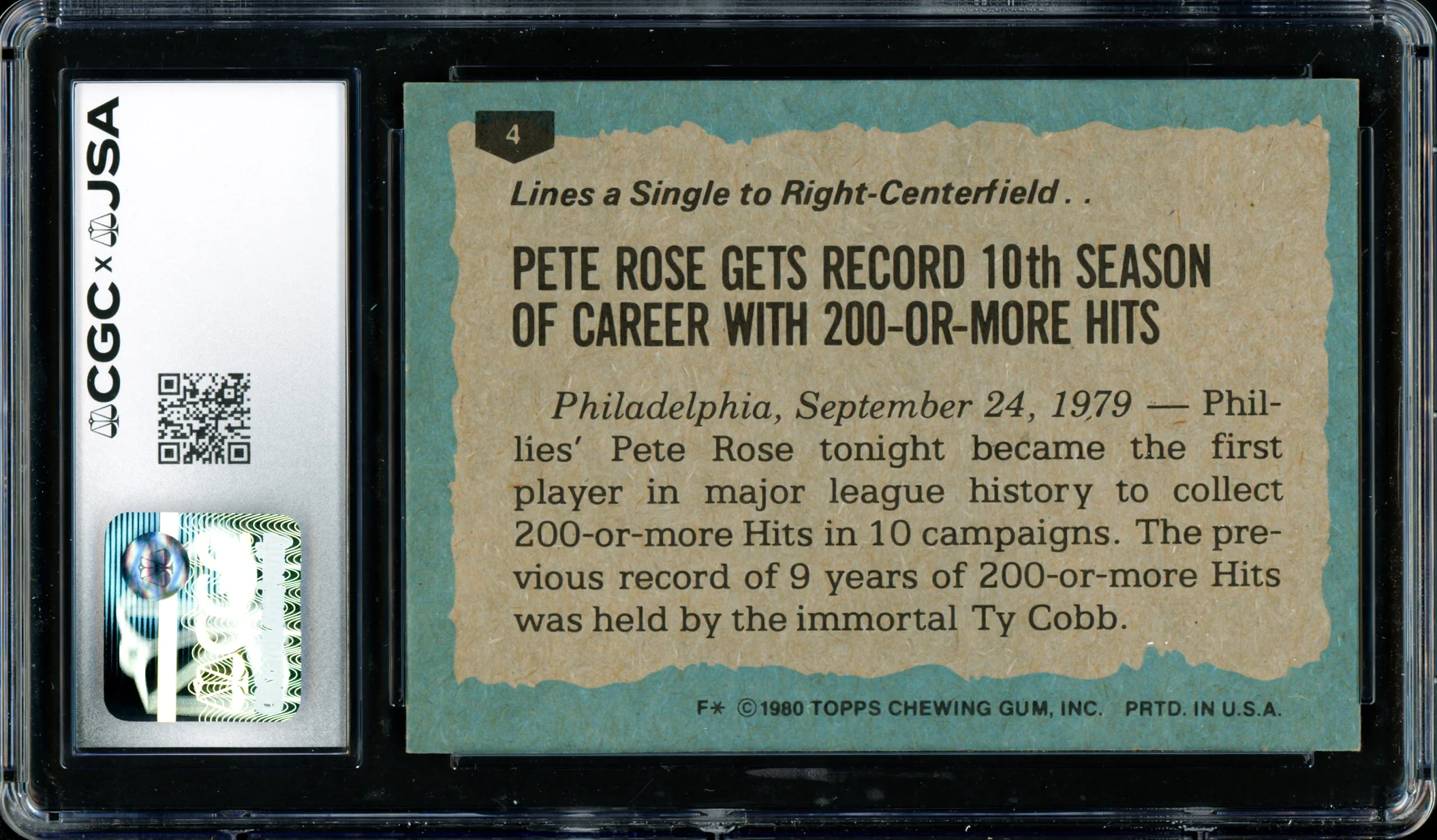 Pete Rose Autographed 1980 Topps Card #4 Philadelphia Phillies Card Grade 8 CGC x JSA #6078164228 - Image 2