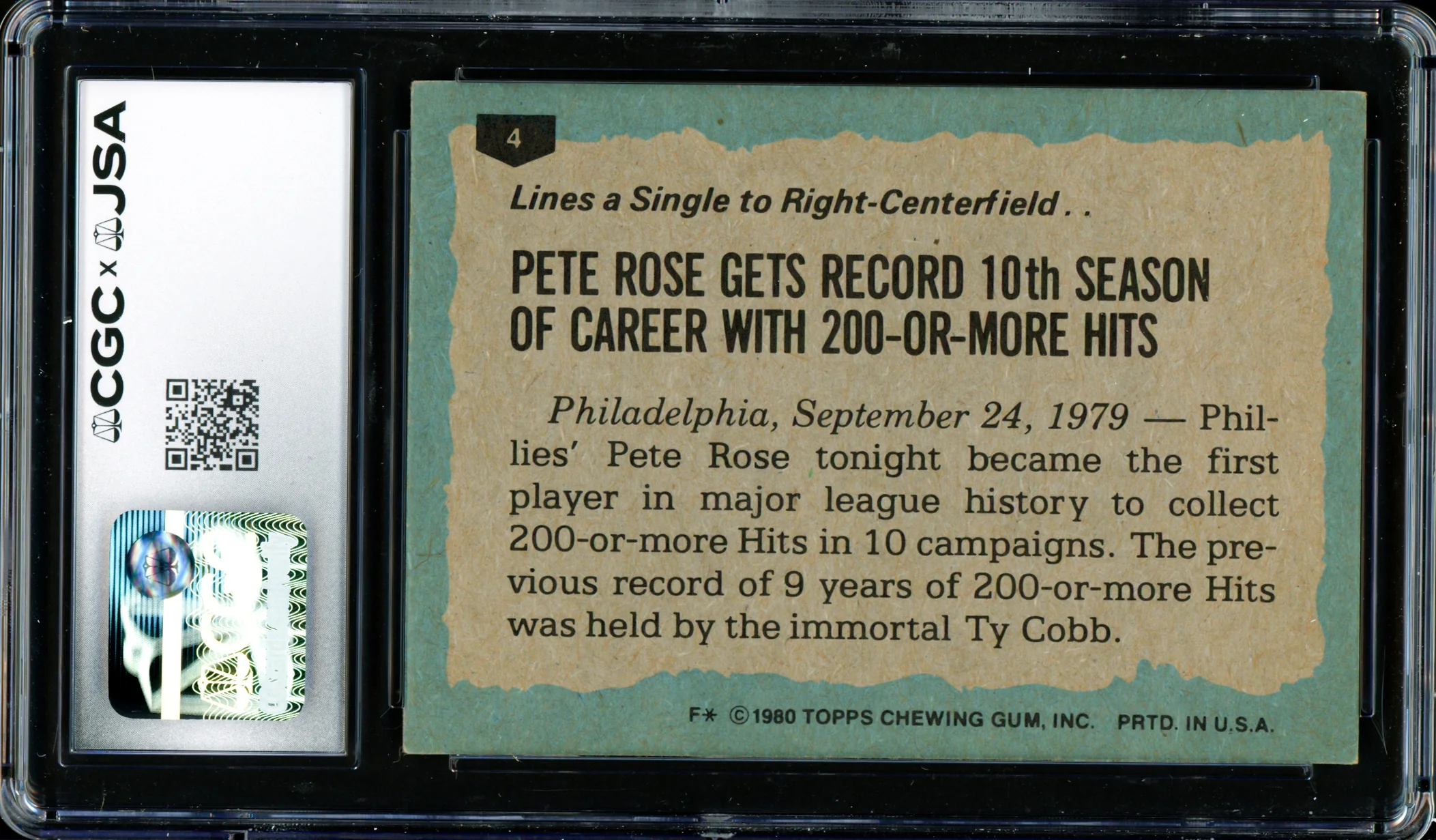 Pete Rose Autographed 1980 Topps Card #4 Philadelphia Phillies CGC x JSA #6078164229 - Image 2