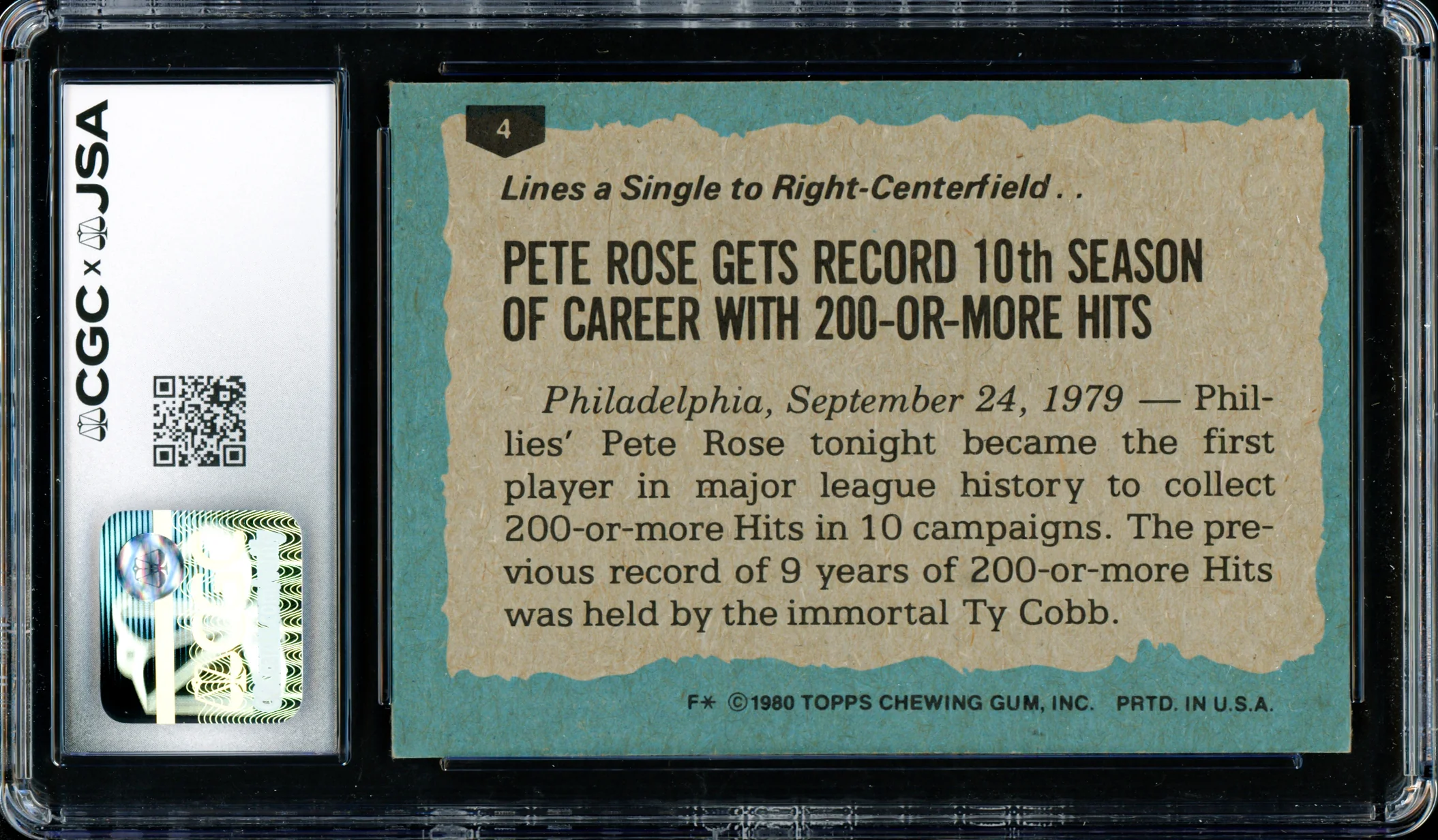Pete Rose Autographed 1980 Topps Card #4 Philadelphia Phillies CGC x JSA #6078164232 - Image 2