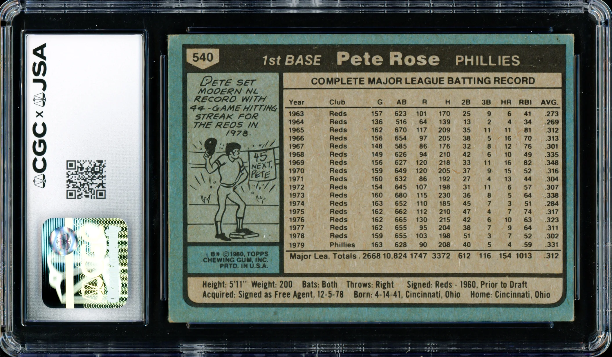 Pete Rose Autographed 1980 Topps Card #540 Philadelphia Phillies CGC x JSA #6078164217 - Image 2