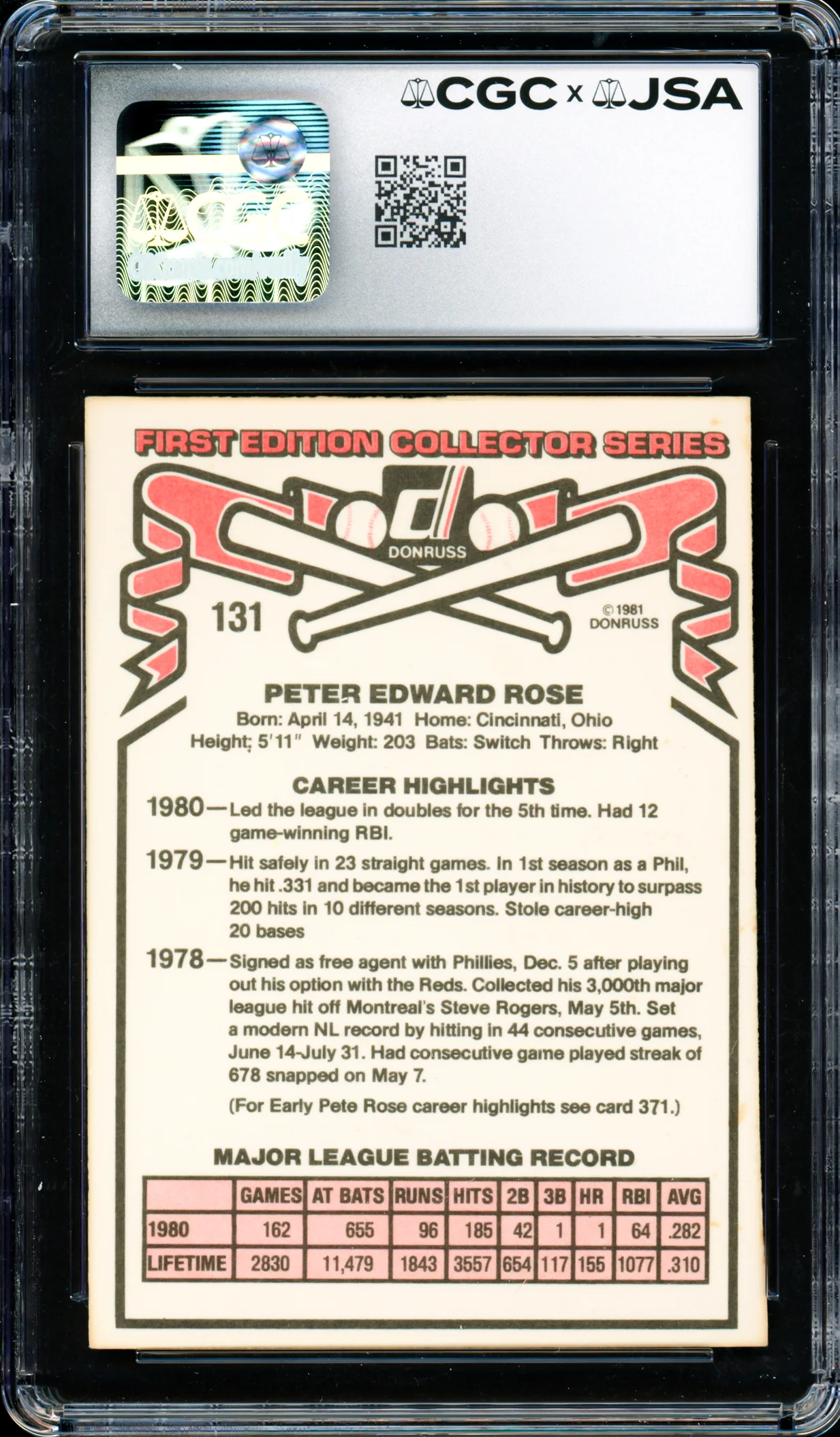 Pete Rose Autographed 1981 Donruss Card #131 Philadelphia Phillies CGC x JSA #6078164234 - Image 2