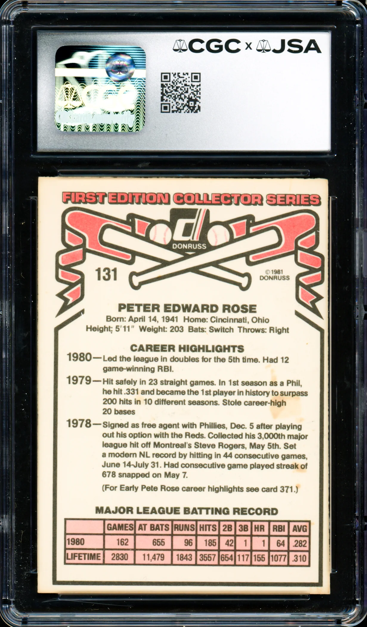 Pete Rose Autographed 1981 Donruss Card #131 Philadelphia Phillies CGC x JSA #6078164235 - Image 2