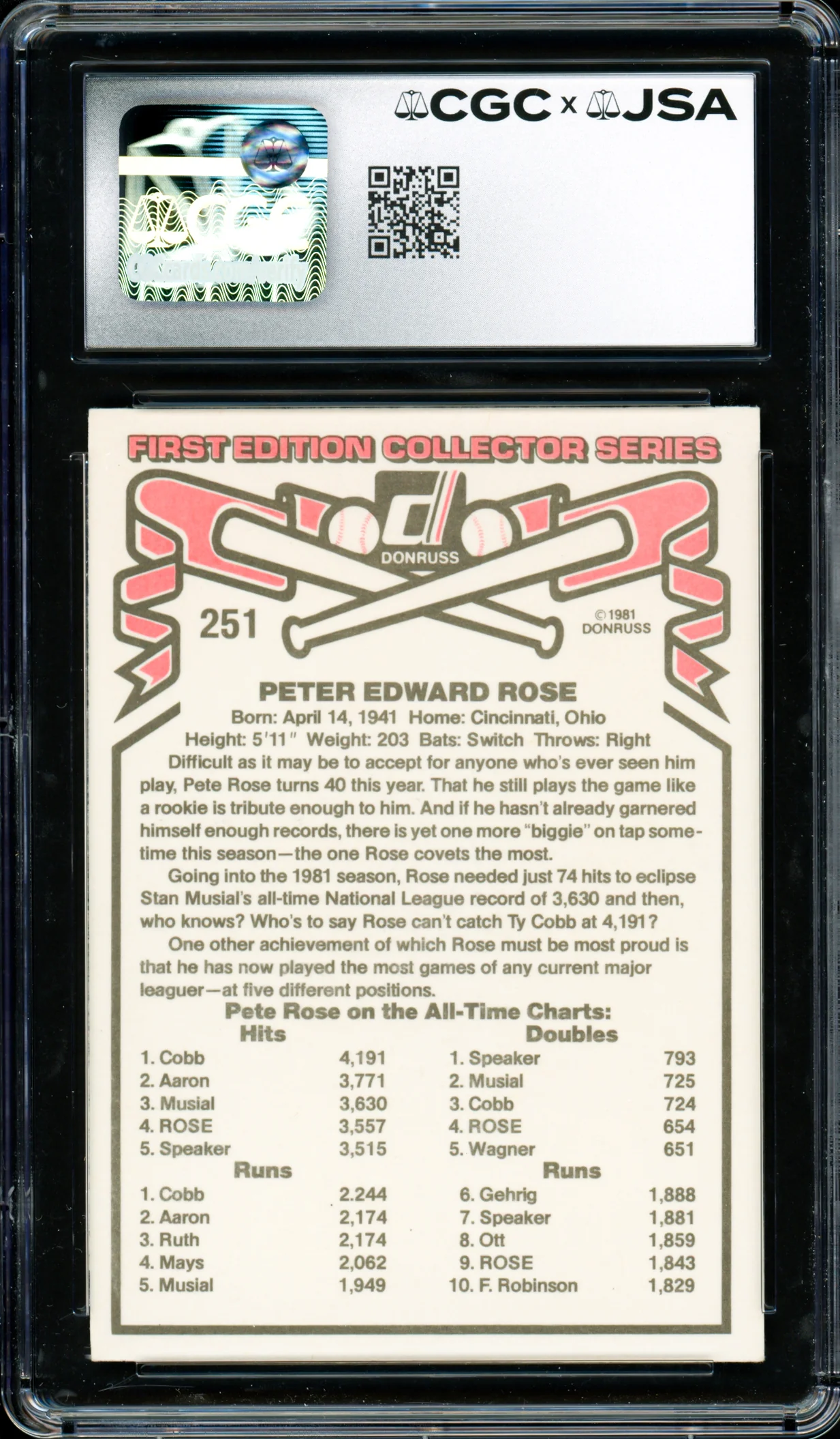 Pete Rose Autographed 1981 Donruss Card #251 Philadelphia Phillies Auto Grade Gem Mint 10 CGC x JSA #6078164242 - Image 2