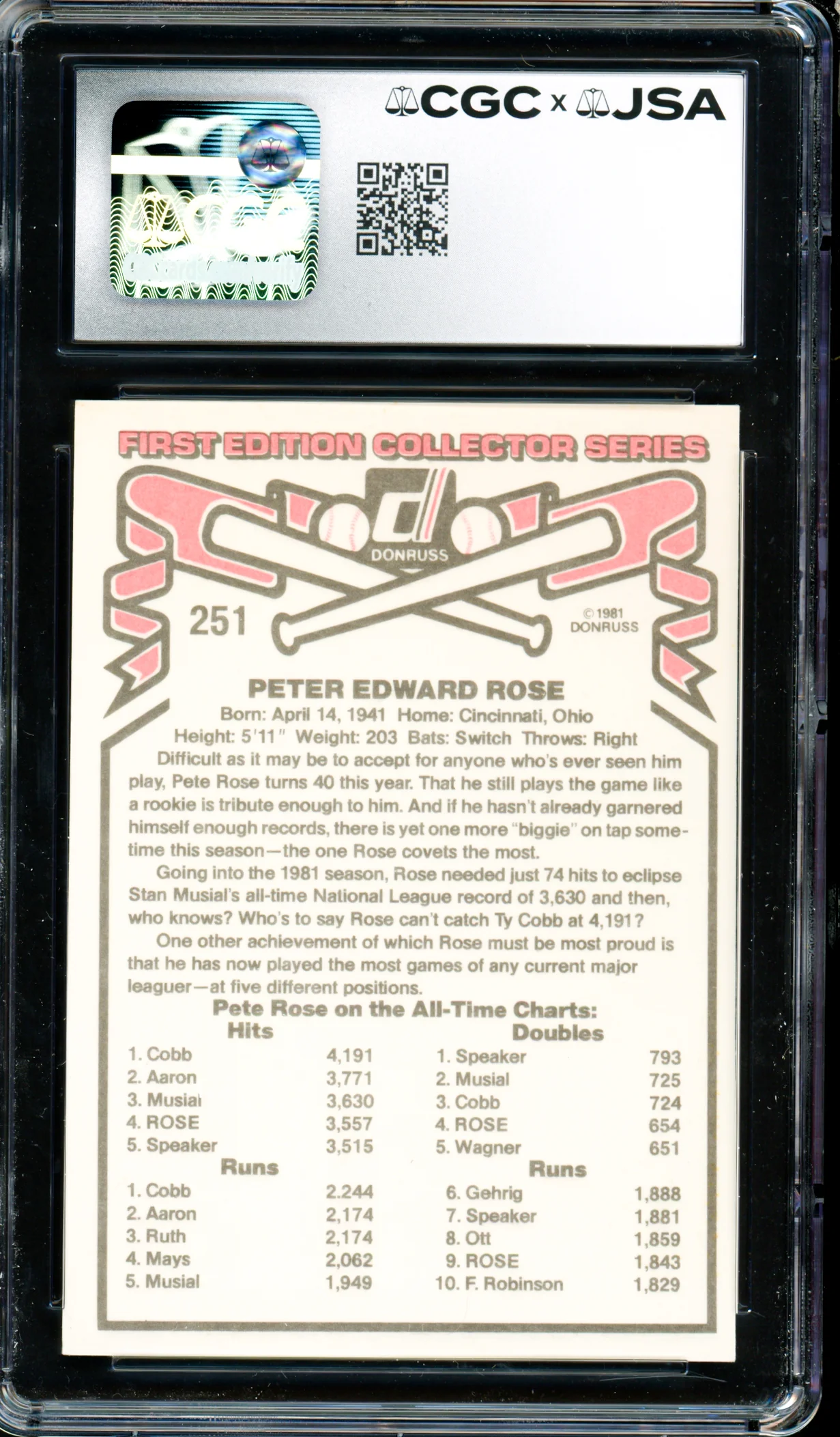 Pete Rose Autographed 1981 Donruss Card #251 Philadelphia Phillies CGC x JSA #6078164245 - Image 2