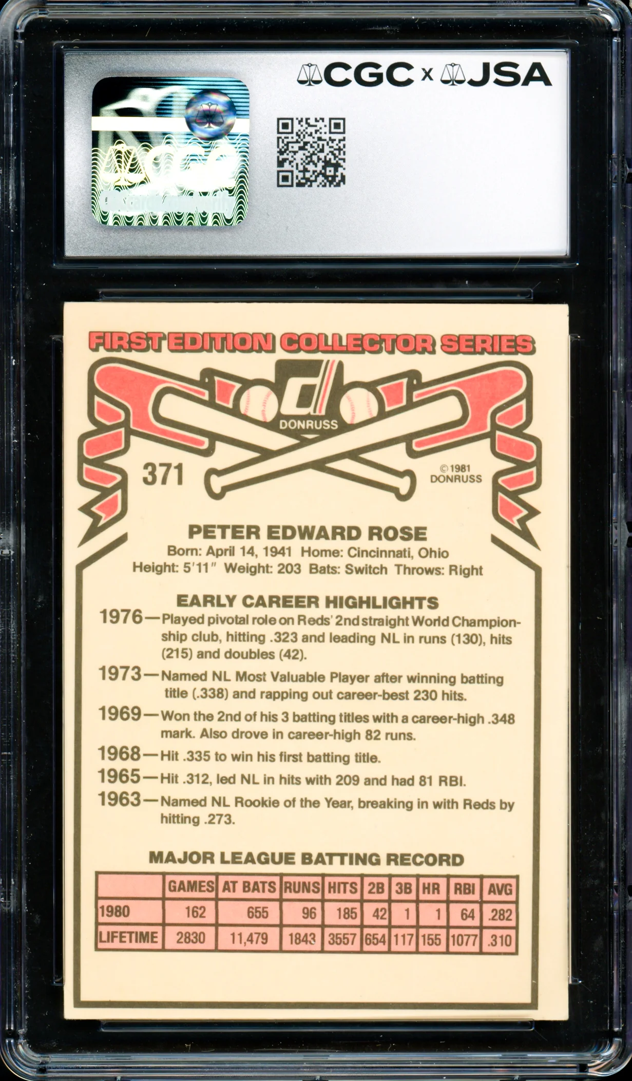 Pete Rose Autographed 1981 Donruss Card #371 Philadelphia Phillies CGC x JSA #6078164249 - Image 2
