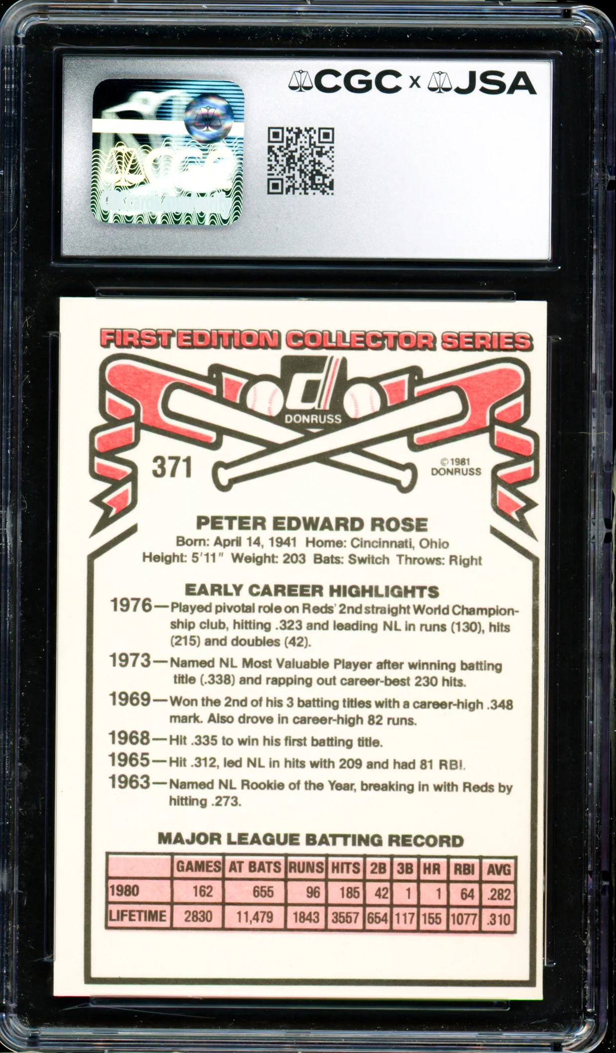 Pete Rose Autographed 1981 Donruss Card #371 Philadelphia Phillies CGC x JSA #6078164251 - Image 2