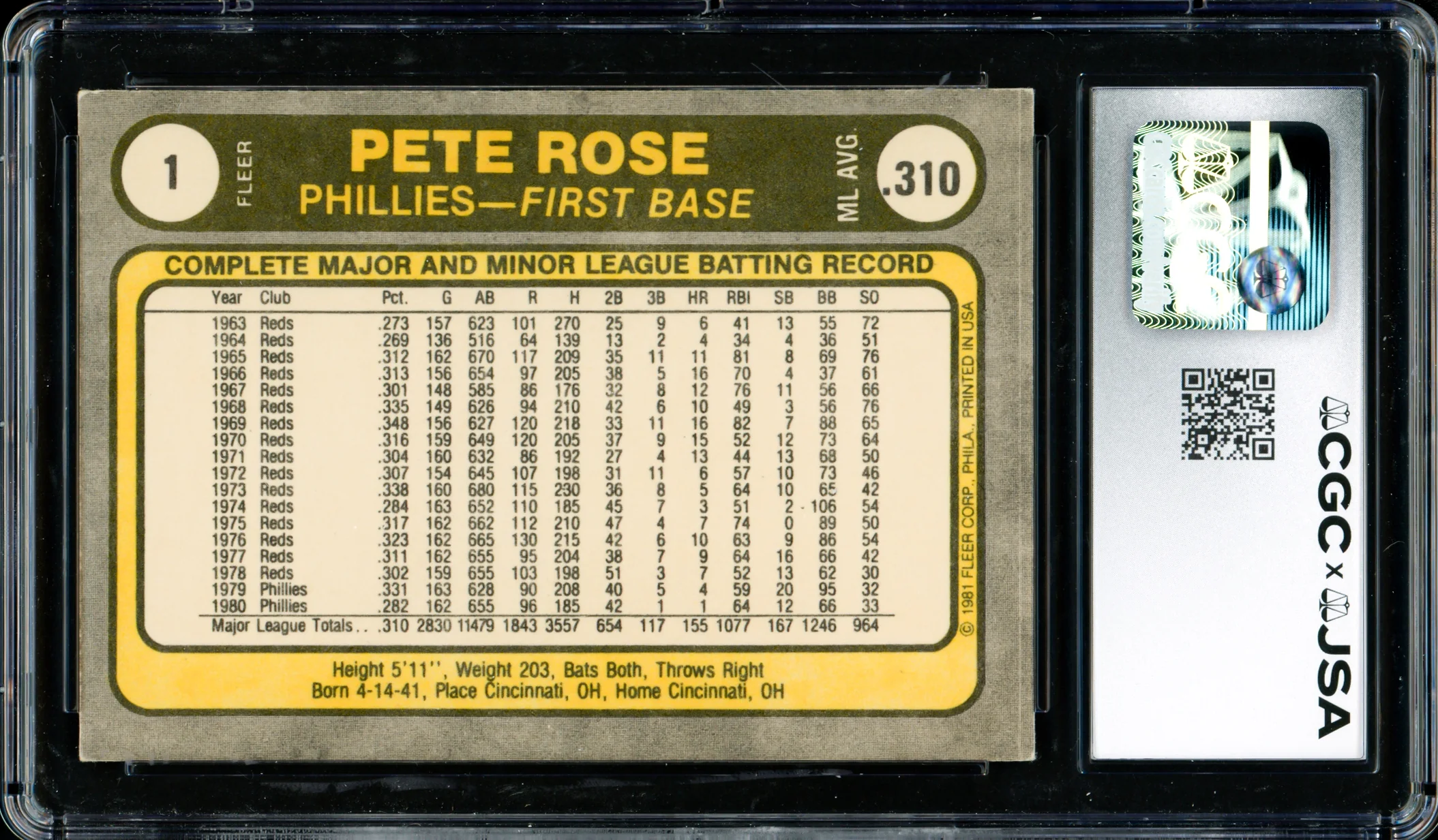 Pete Rose Autographed 1981 Fleer Card #1 Philadelphia Phillies Auto Grade Gem Mint 10 CGC x JSA #6078164287 - Image 2