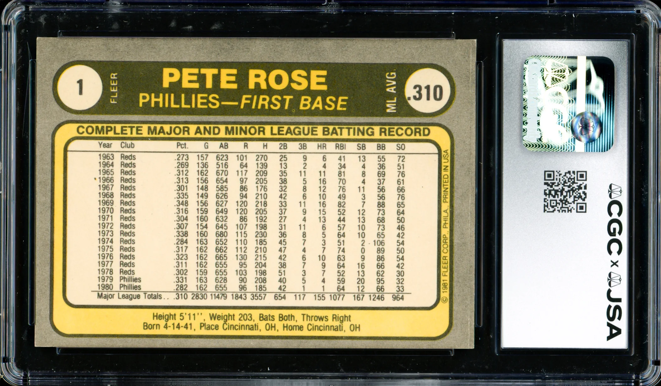 Pete Rose Autographed 1981 Fleer Card #1 Philadelphia Phillies Card Grade 8.5 CGC x JSA #6078164282 - Image 2
