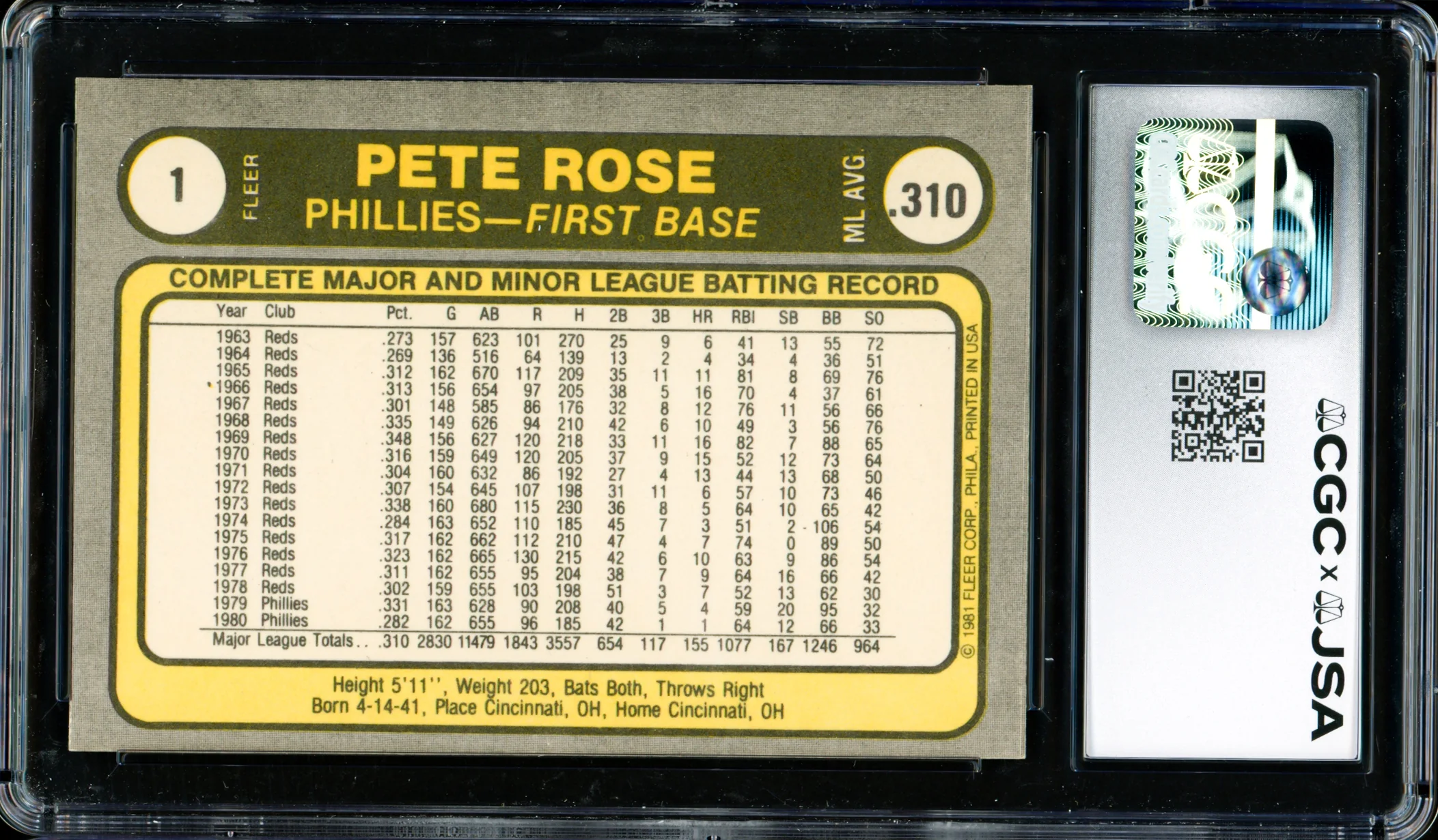 Pete Rose Autographed 1981 Fleer Card #1 Philadelphia Phillies Card Grade 8 CGC x JSA #6078164283 - Image 2