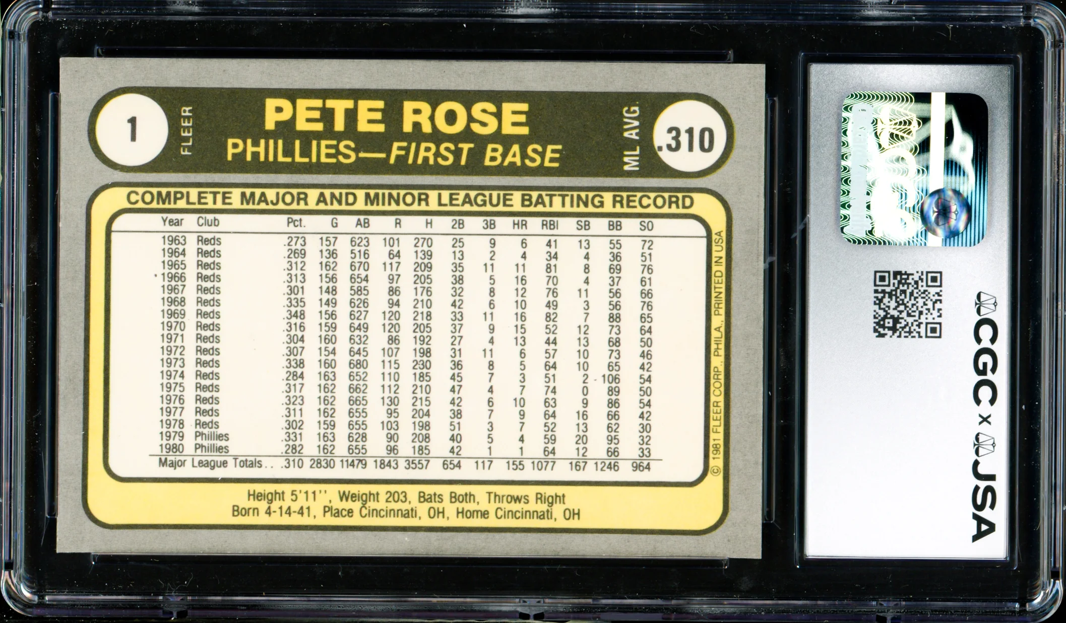 Pete Rose Autographed 1981 Fleer Card #1 Philadelphia Phillies Card Grade 9 CGC x JSA #6078164273 - Image 2