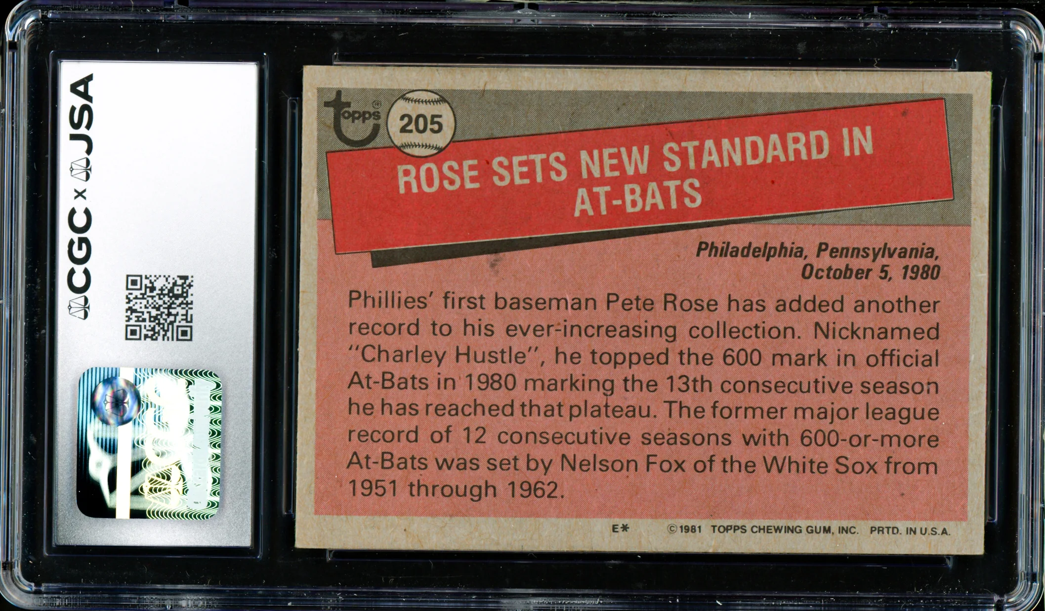 Pete Rose Autographed 1981 Topps Card #205 Philadelphia Phillies Card Grade 8 CGC x JSA #6078165006 - Image 2