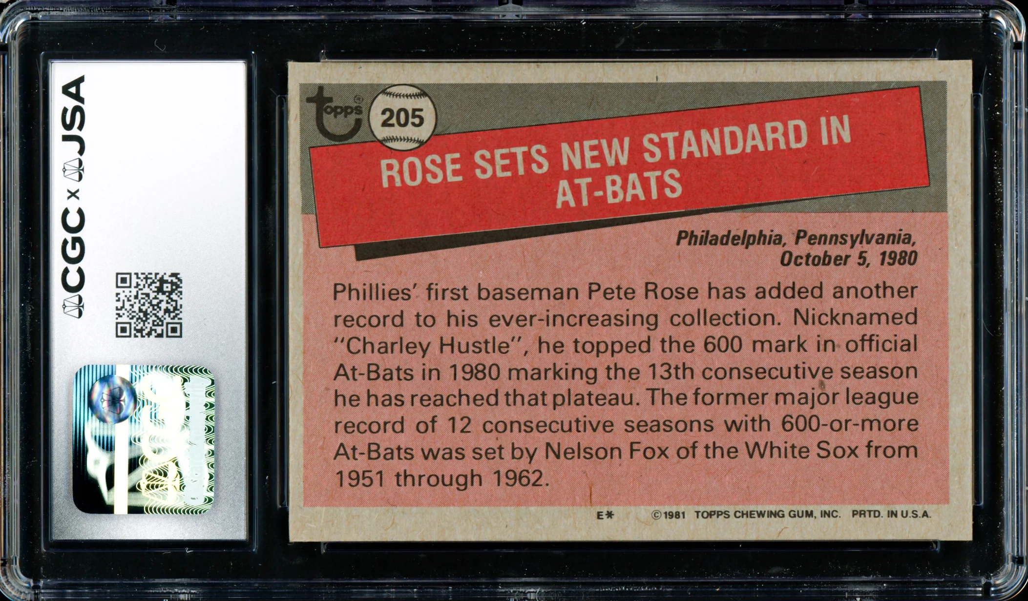 Pete Rose Autographed 1981 Topps Card #205 Philadelphia Phillies CGC x JSA #6078165001 - Image 2