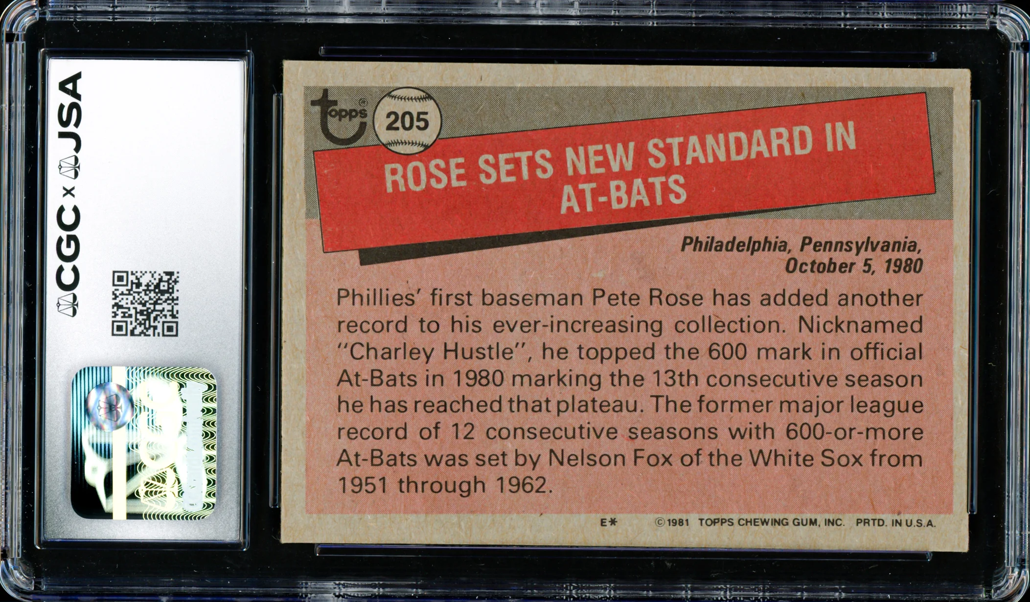 Pete Rose Autographed 1981 Topps Card #205 Philadelphia Phillies CGC x JSA #6078165002 - Image 2