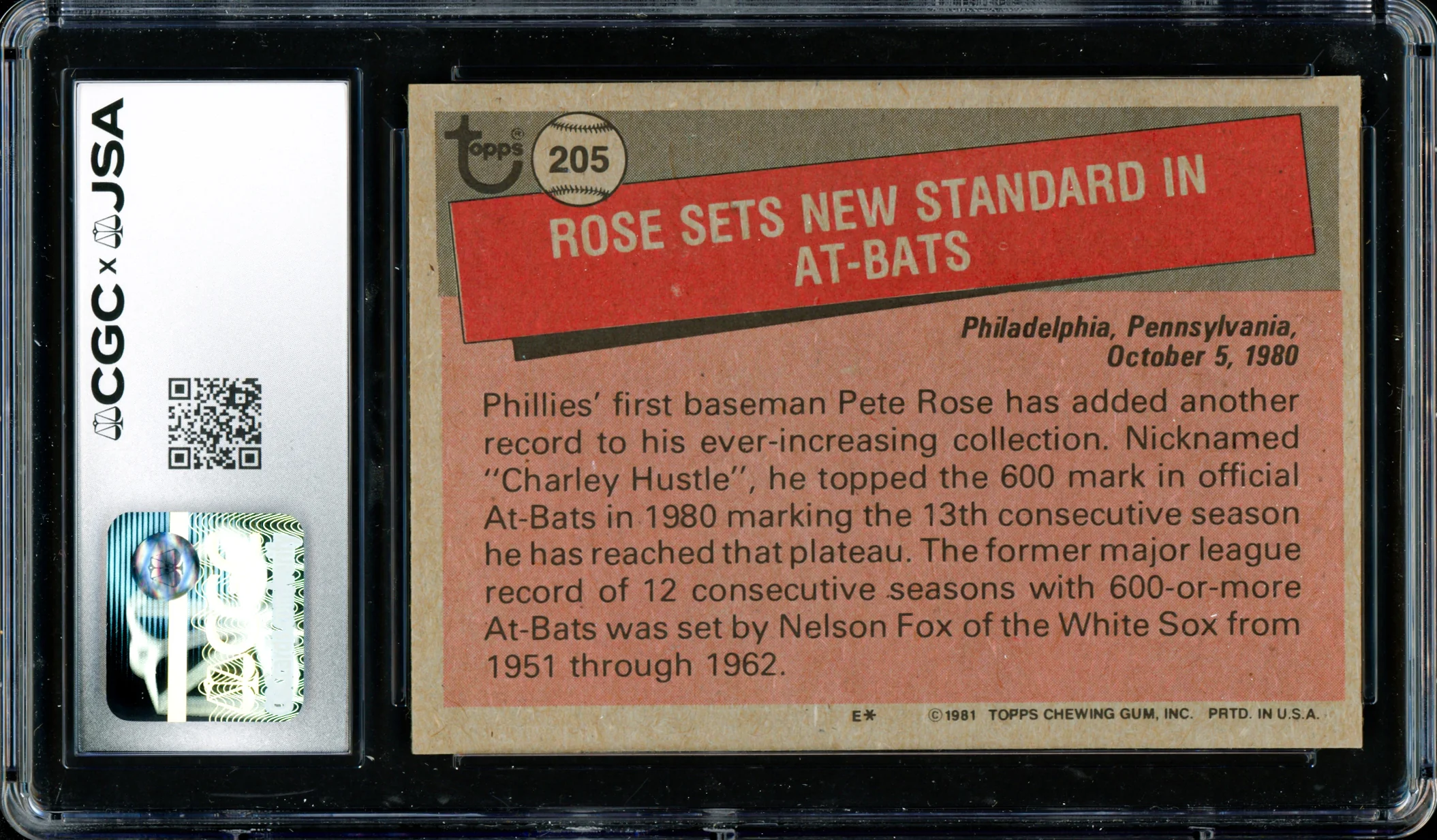 Pete Rose Autographed 1981 Topps Card #205 Philadelphia Phillies CGC x JSA #6078165003 - Image 2
