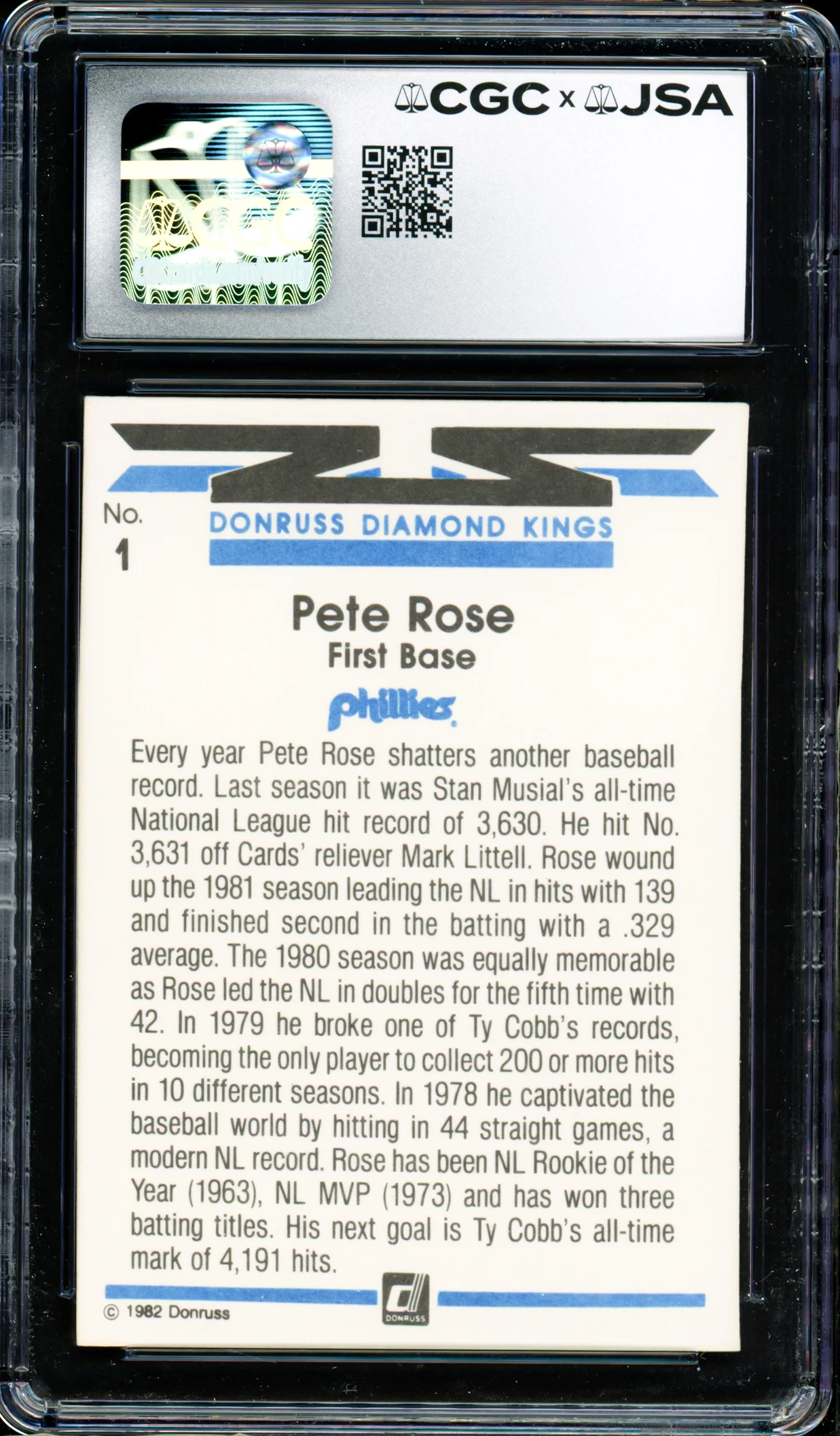 Pete Rose Autographed 1982 Donruss Diamond Kings Card #1 Philadelphia Phillies CGC x JSA Stock #254366 - Image 2