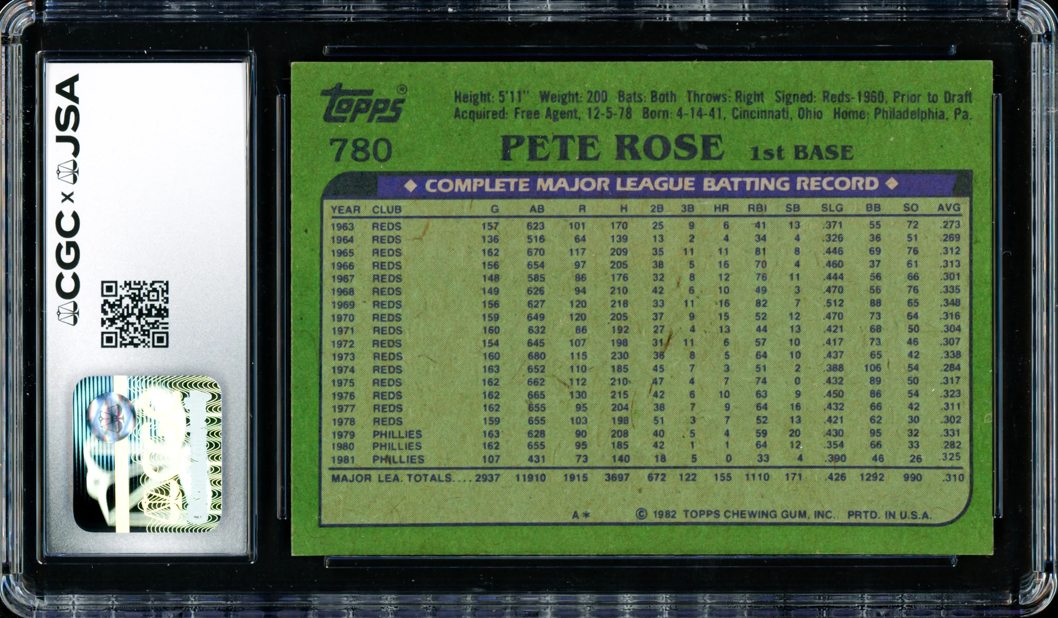 Pete Rose Autographed 1982 Topps Card #780 Philadelphia Phillies CGC x JSA #6078172290 - Image 2