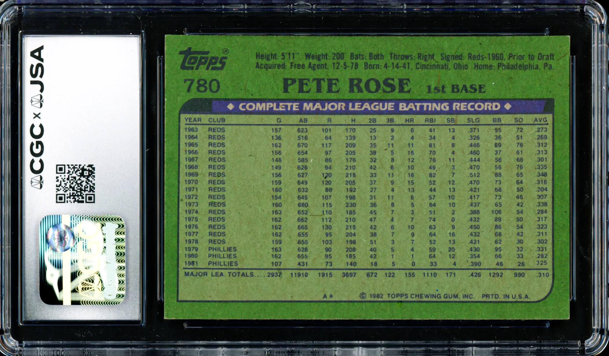 Pete Rose Autographed 1982 Topps Card #780 Philadelphia Phillies CGC x JSA #6078172291 - Image 2
