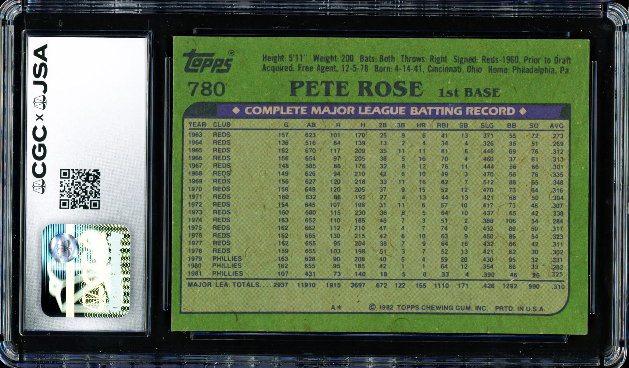 Pete Rose Autographed 1982 Topps Card #780 Philadelphia Phillies CGC x JSA #6078172292 - Image 2