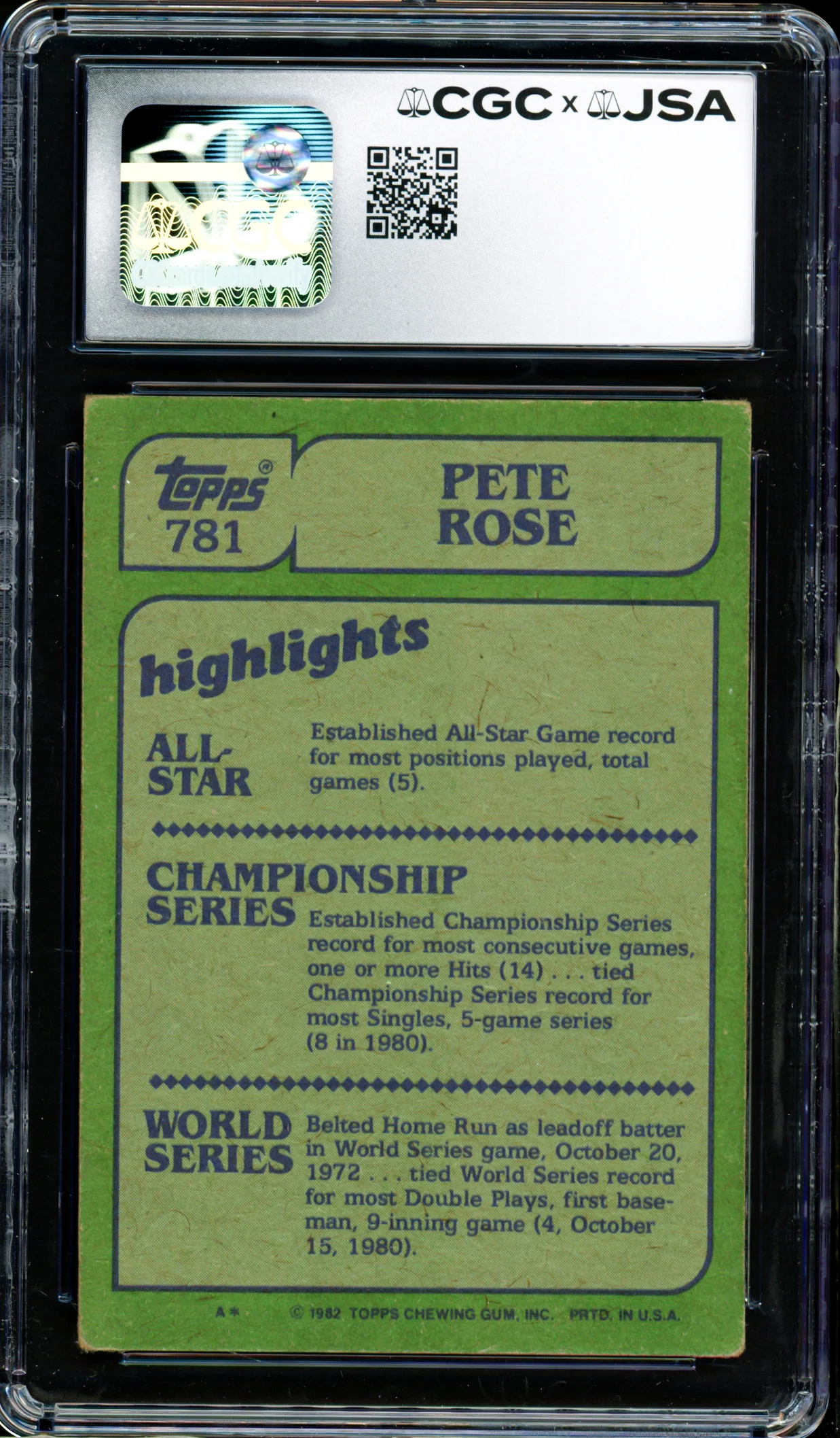 Pete Rose Autographed 1982 Topps Card #781 Philadelphia Phillies Auto Grade Gem Mint 10 CGC x JSA #6078172299 - Image 2