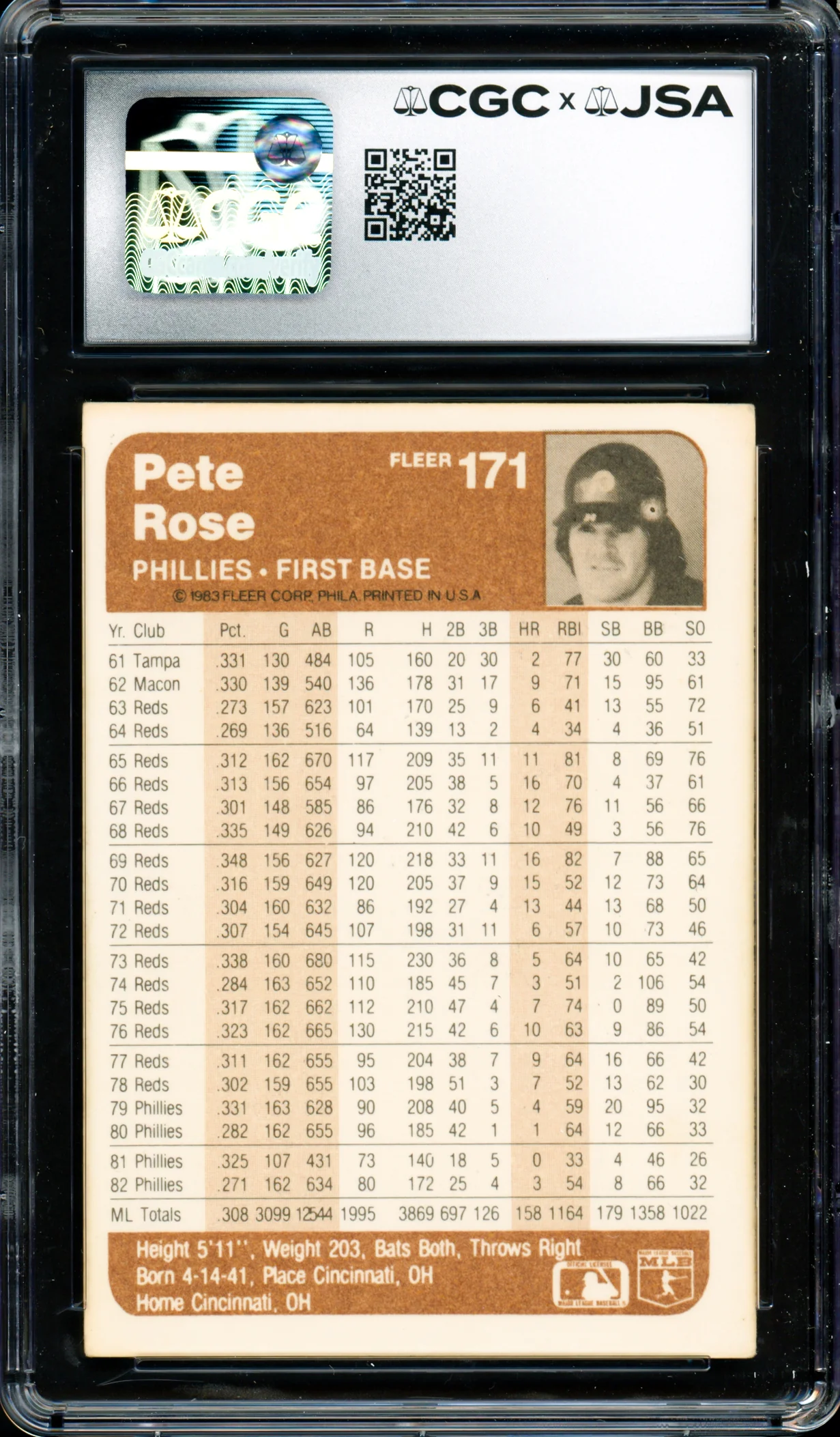 Pete Rose Autographed 1983 Fleer Card #171 Philadelphia Phillies Auto Grade Gem Mint 10 CGC x JSA #6078172209 - Image 2