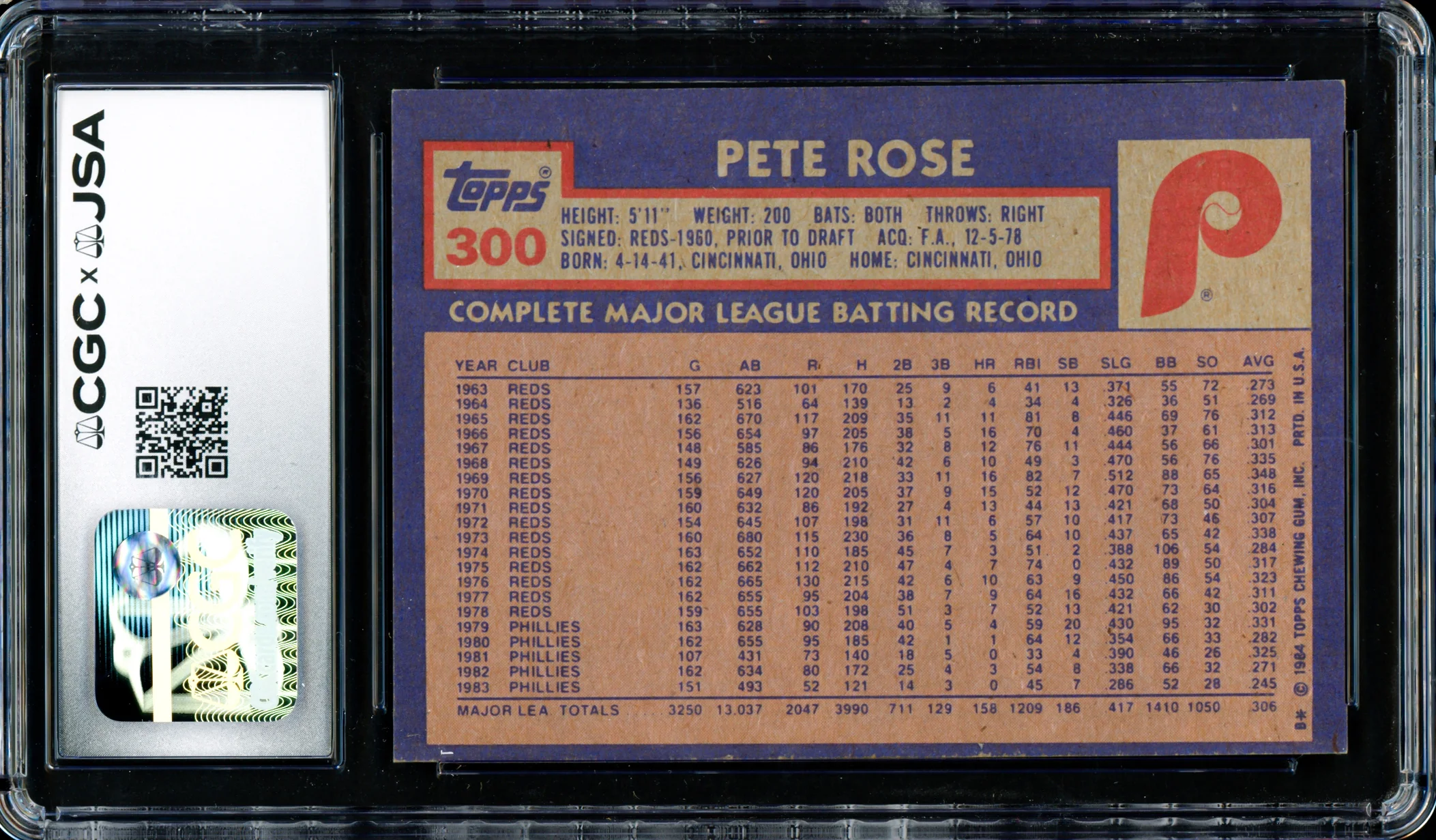 Pete Rose Autographed 1984 Topps Card #300 Philadelphia Phillies Auto Grade Gem Mint 10 CGC x JSA Stock #254372 - Image 2