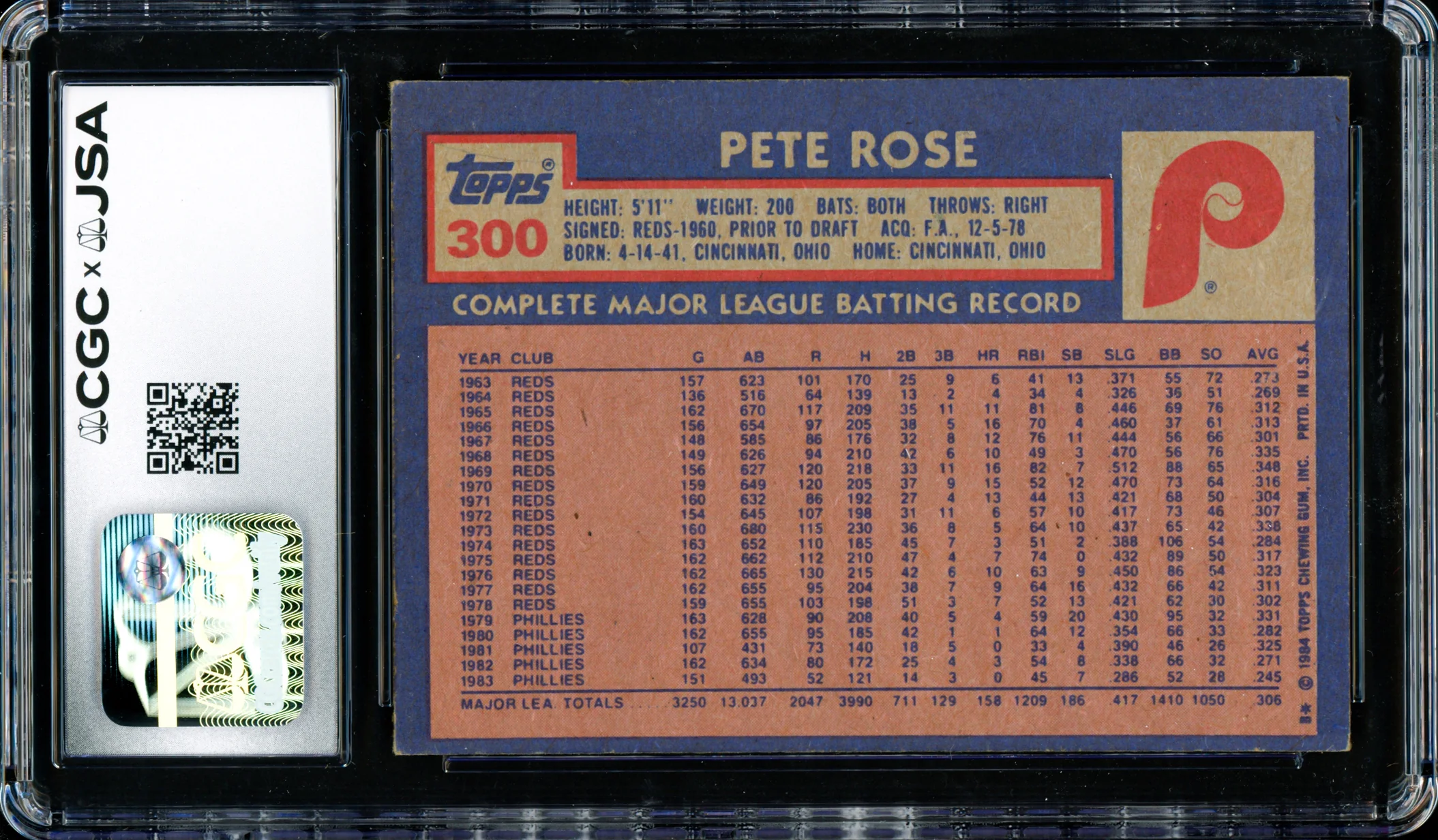 Pete Rose Autographed 1984 Topps Card #300 Philadelphia Phillies CGC x JSA Stock #254373 - Image 2