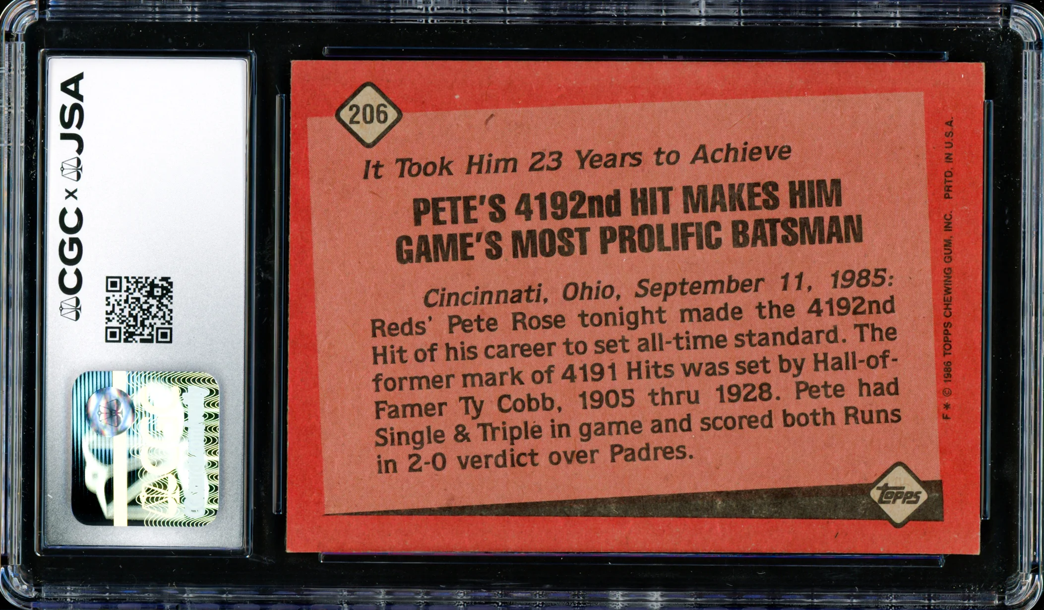Pete Rose Autographed 1986 Topps Card #206 Cincinnati Reds Auto Grade Gem Mint 10 CGC x JSA Stock #254375 - Image 2