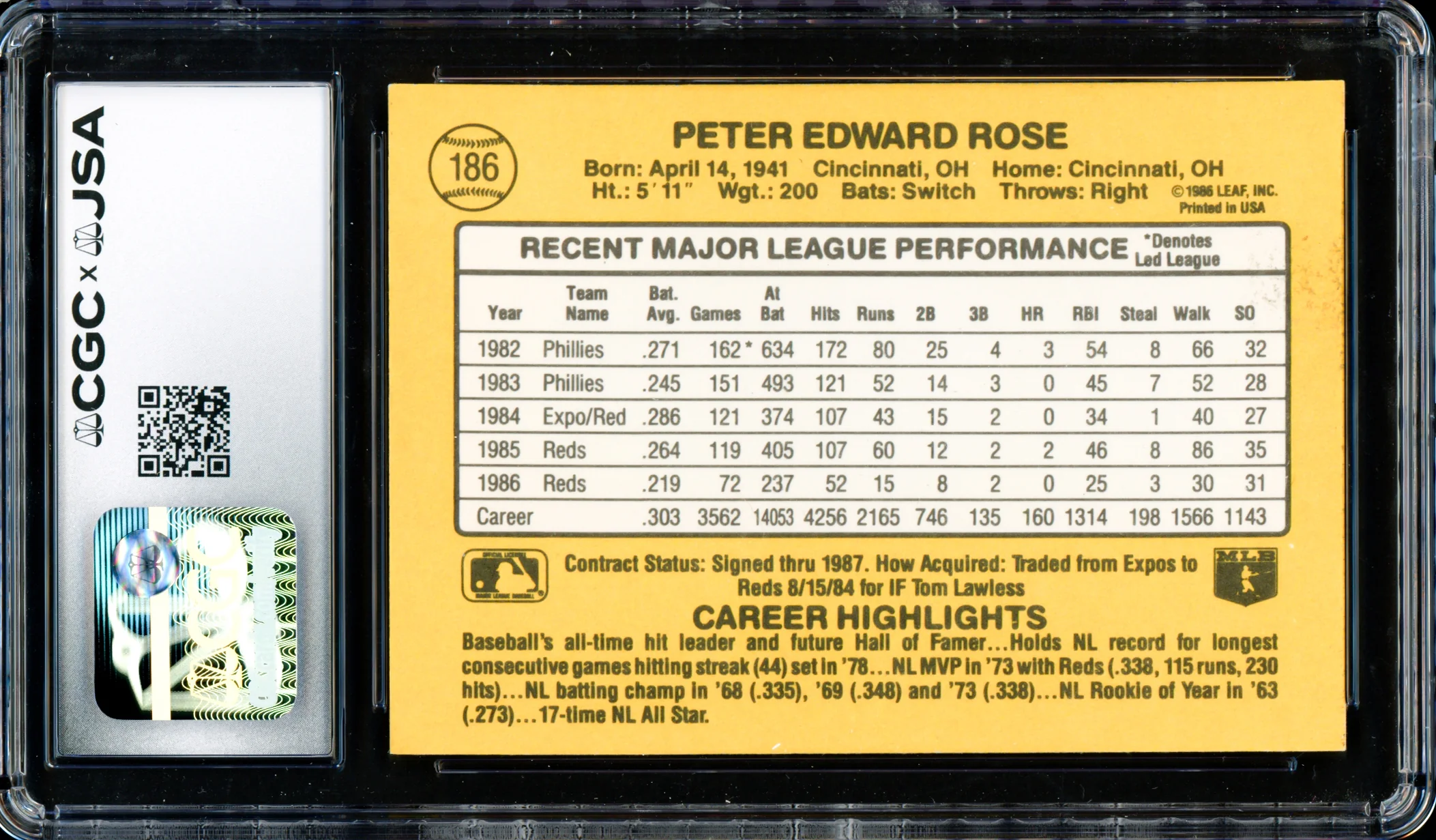 Pete Rose Autographed 1987 Donruss Card #186 Cincinnati Reds Auto Grade Gem Mint 10 CGC x JSA Stock #254376 - Image 2