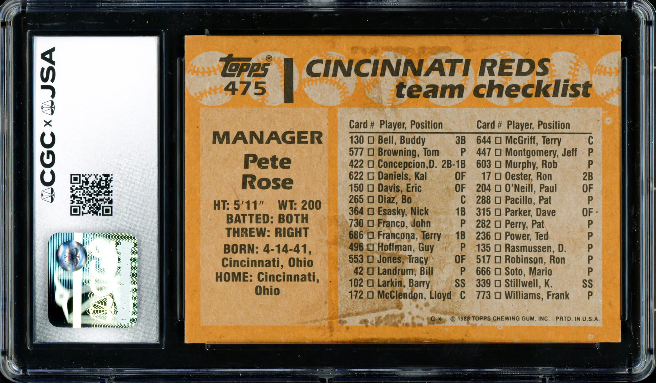 Pete Rose Autographed 1988 Topps Card #475 Cincinnati Reds CGC x JSA #6078172051 - Image 2