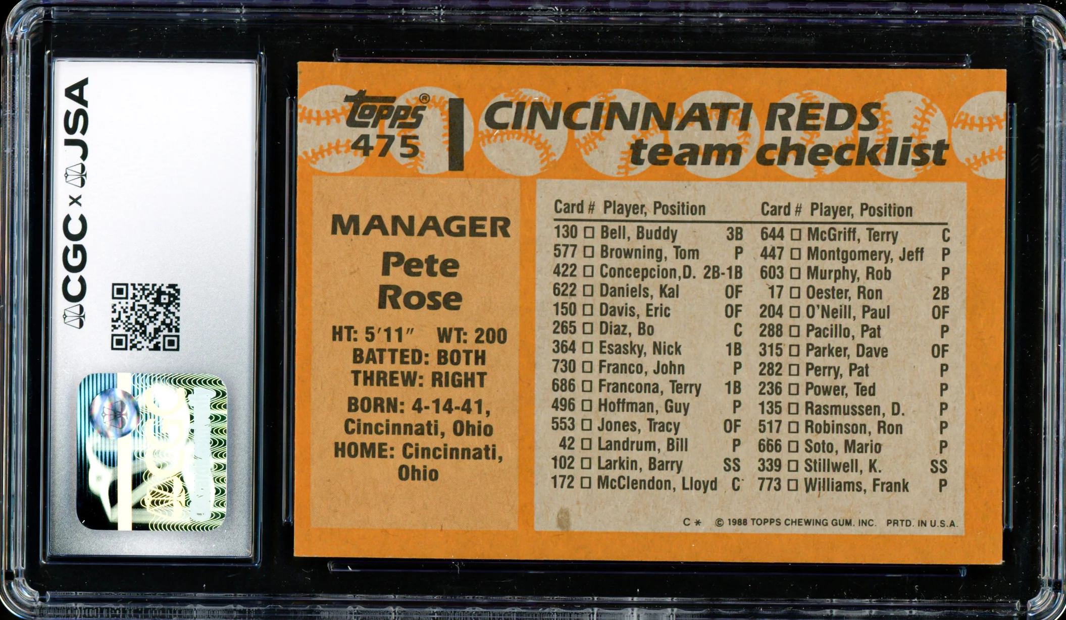 Pete Rose Autographed 1988 Topps Card #475 Cincinnati Reds CGC x JSA Stock #254382 - Image 2