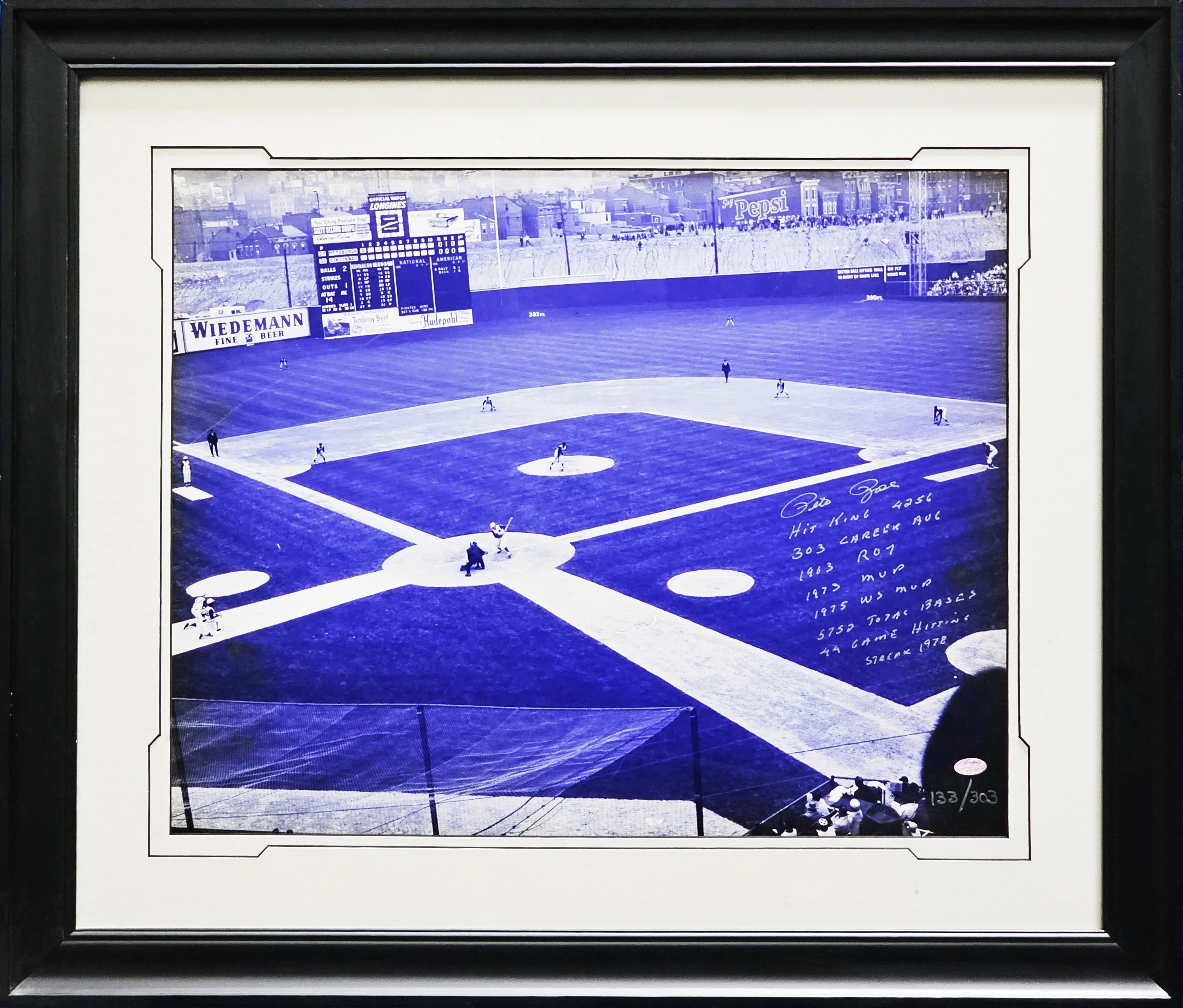 Pete Rose Autographed Framed 16x20 Photo Cincinnati Reds With 8 Stats/Inscriptions #133/303 Mounted Memories SKU #221106