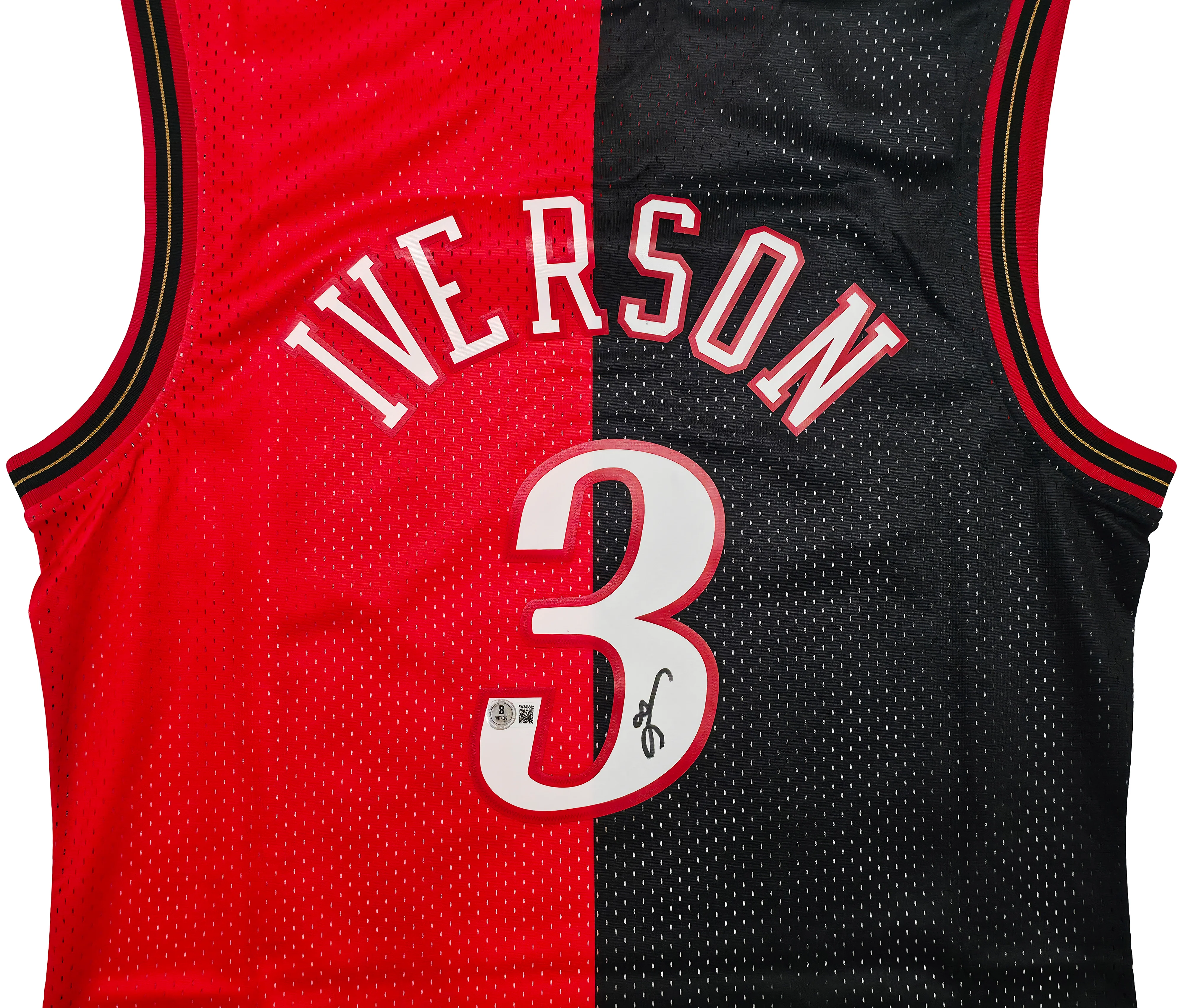 Philadelphia 76ers Allen Iverson Autographed Black & Red Authentic Mitchell & Ness 2000-01 HWC Swingman Split Jersey Size L Beckett BAS Witness Stock #253623 - Image 3
