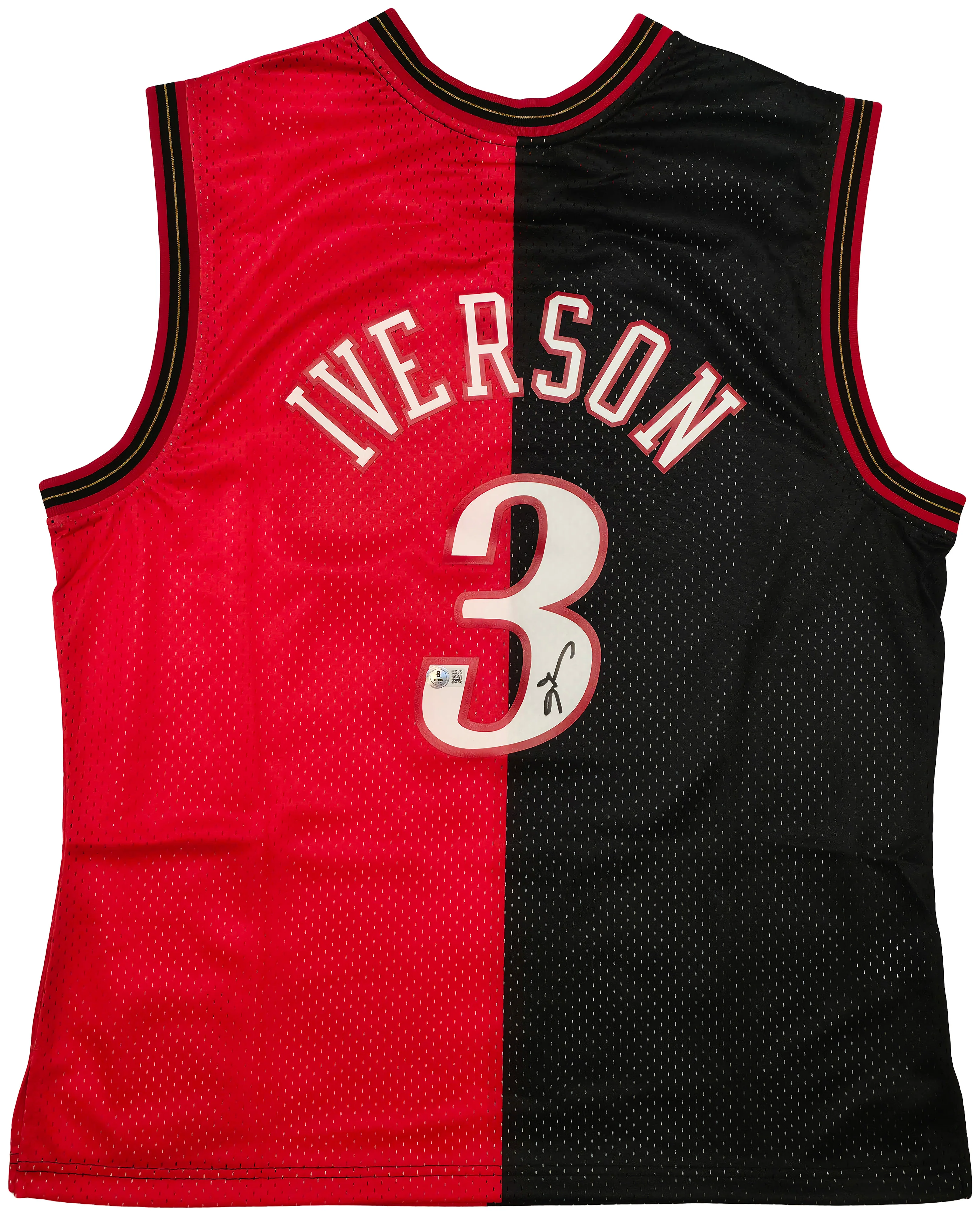 Philadelphia 76ers Allen Iverson Autographed Black & Red Authentic Mitchell & Ness 2000-01 HWC Swingman Split Jersey Size XL Beckett BAS Witness Stock #253624 - Image 2