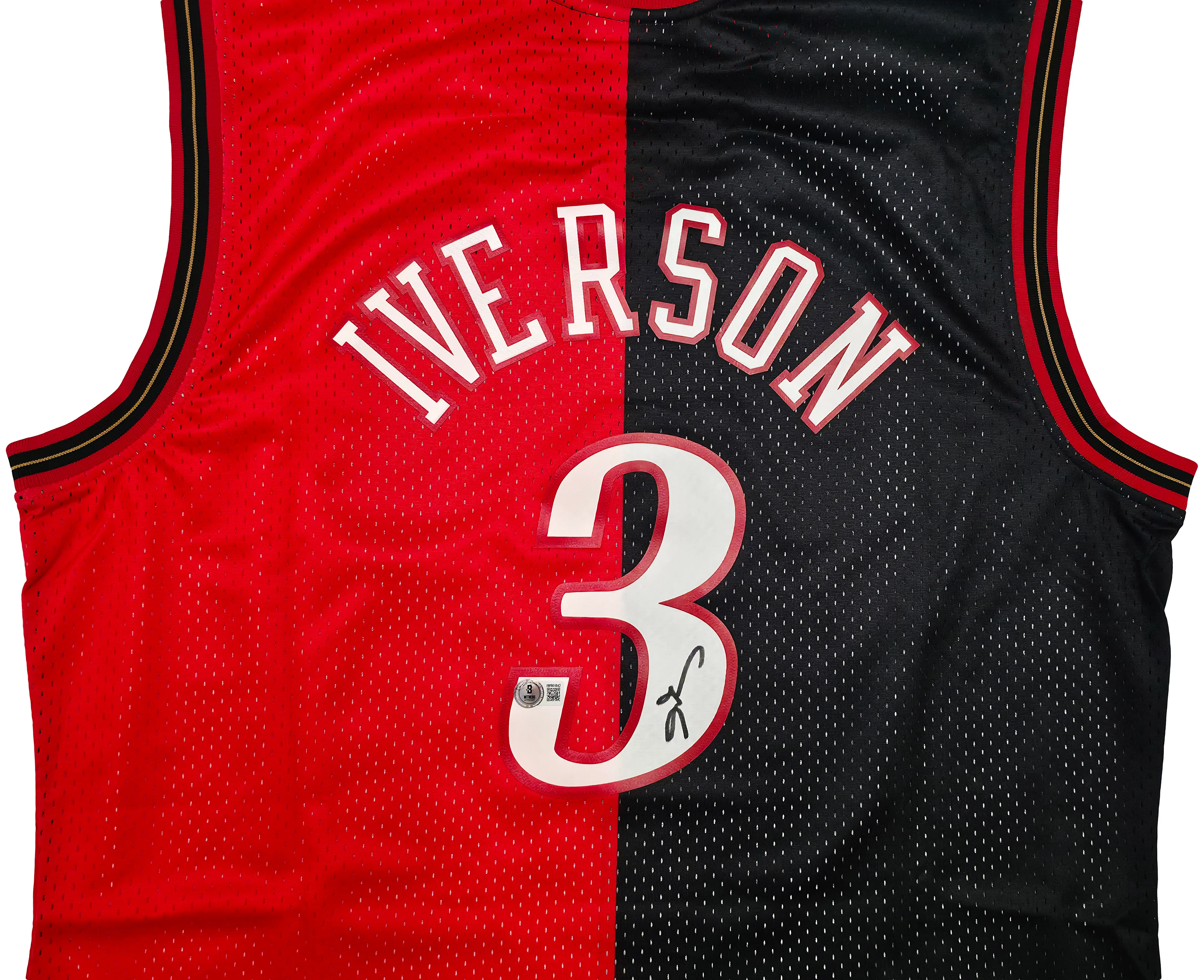 Philadelphia 76ers Allen Iverson Autographed Black & Red Authentic Mitchell & Ness 2000-01 HWC Swingman Split Jersey Size XL Beckett BAS Witness Stock #253624 - Image 3