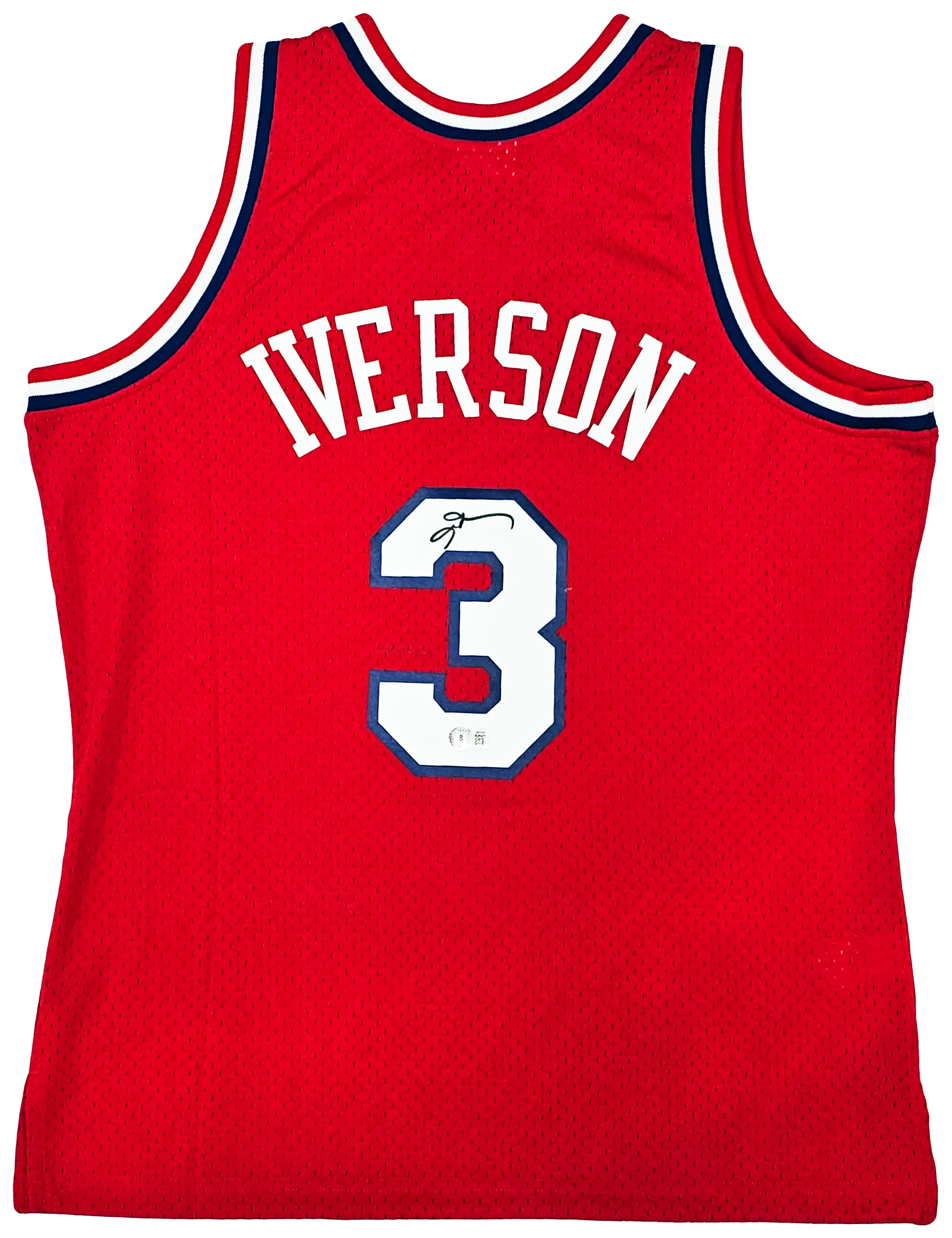 Philadelphia 76ers Allen Iverson Autographed Red Authentic Mitchell & Ness 2002-03 HWC Swingman Jersey Size L Beckett BAS Witness Stock #220413 - Image 2