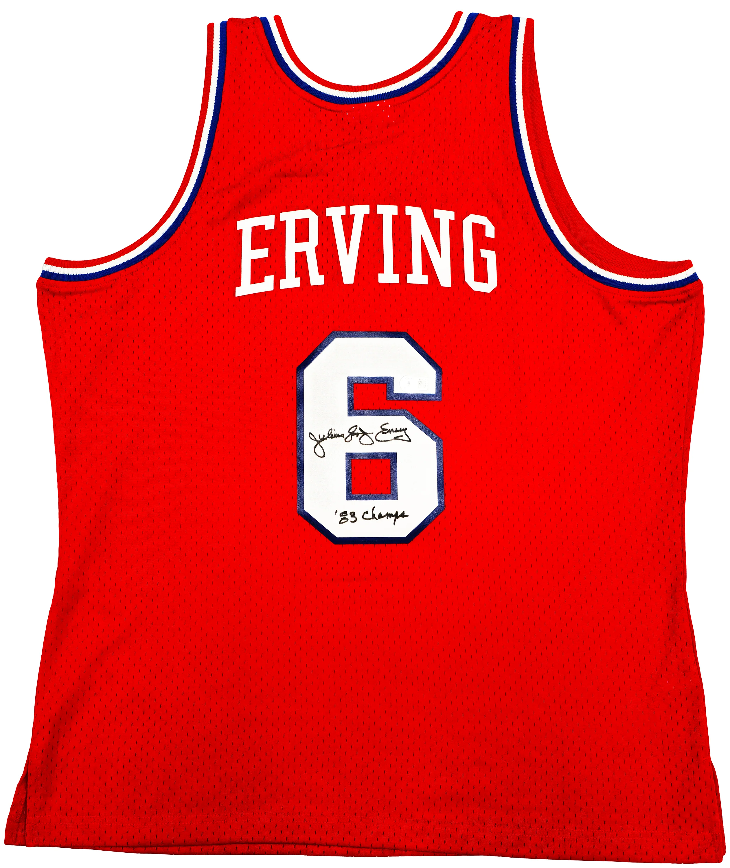 Philadelphia 76ers Julius "Dr. J" Erving Autographed Red Mitchell & Ness Hardwood Classics HWC Swingman 1982-83 Jersey Size XL "83 Champs" Beckett BAS Witness Stock #230252 - Image 2