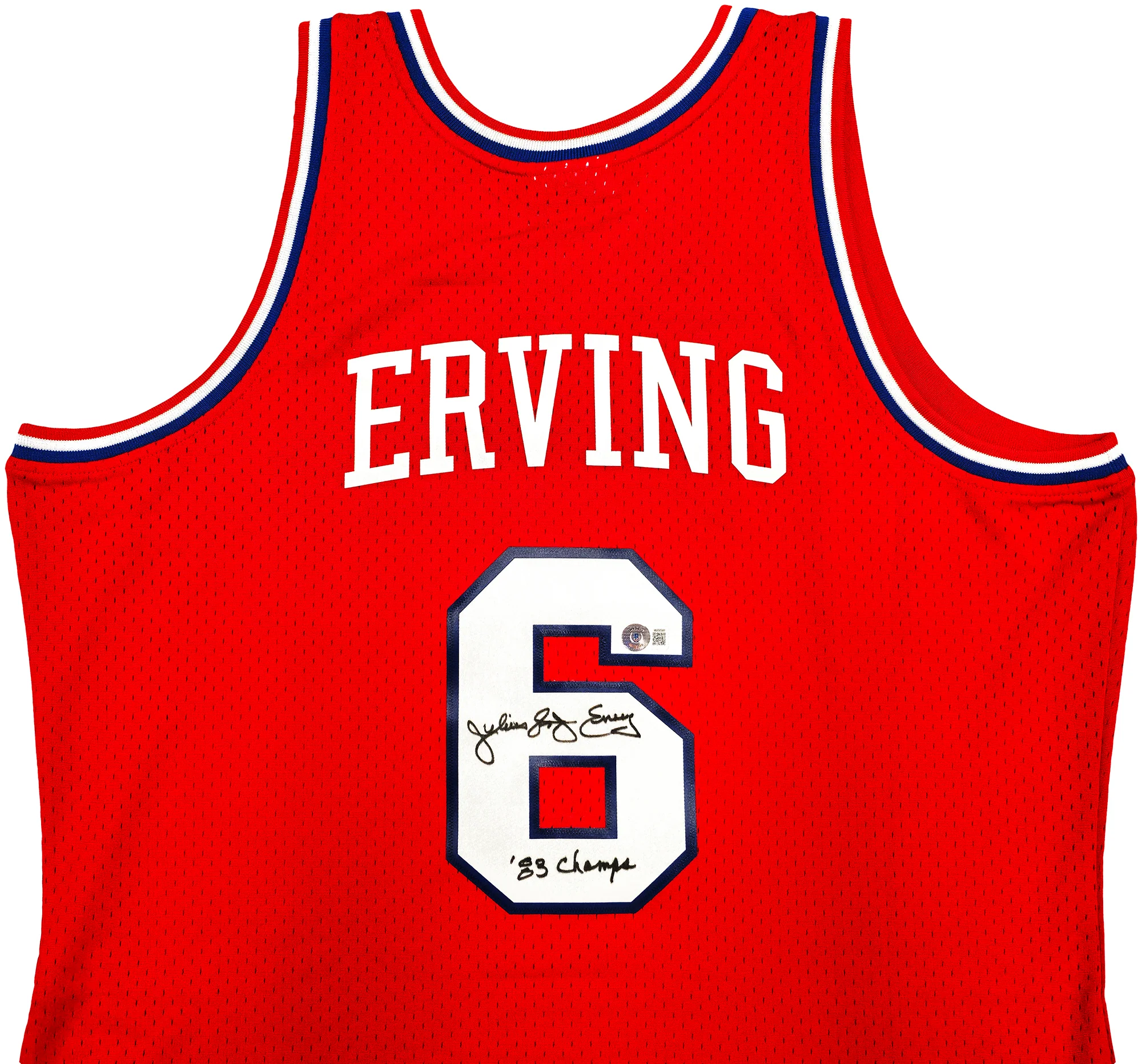 Philadelphia 76ers Julius "Dr. J" Erving Autographed Red Mitchell & Ness Hardwood Classics HWC Swingman 1982-83 Jersey Size XL "83 Champs" Beckett BAS Witness Stock #230252 - Image 3