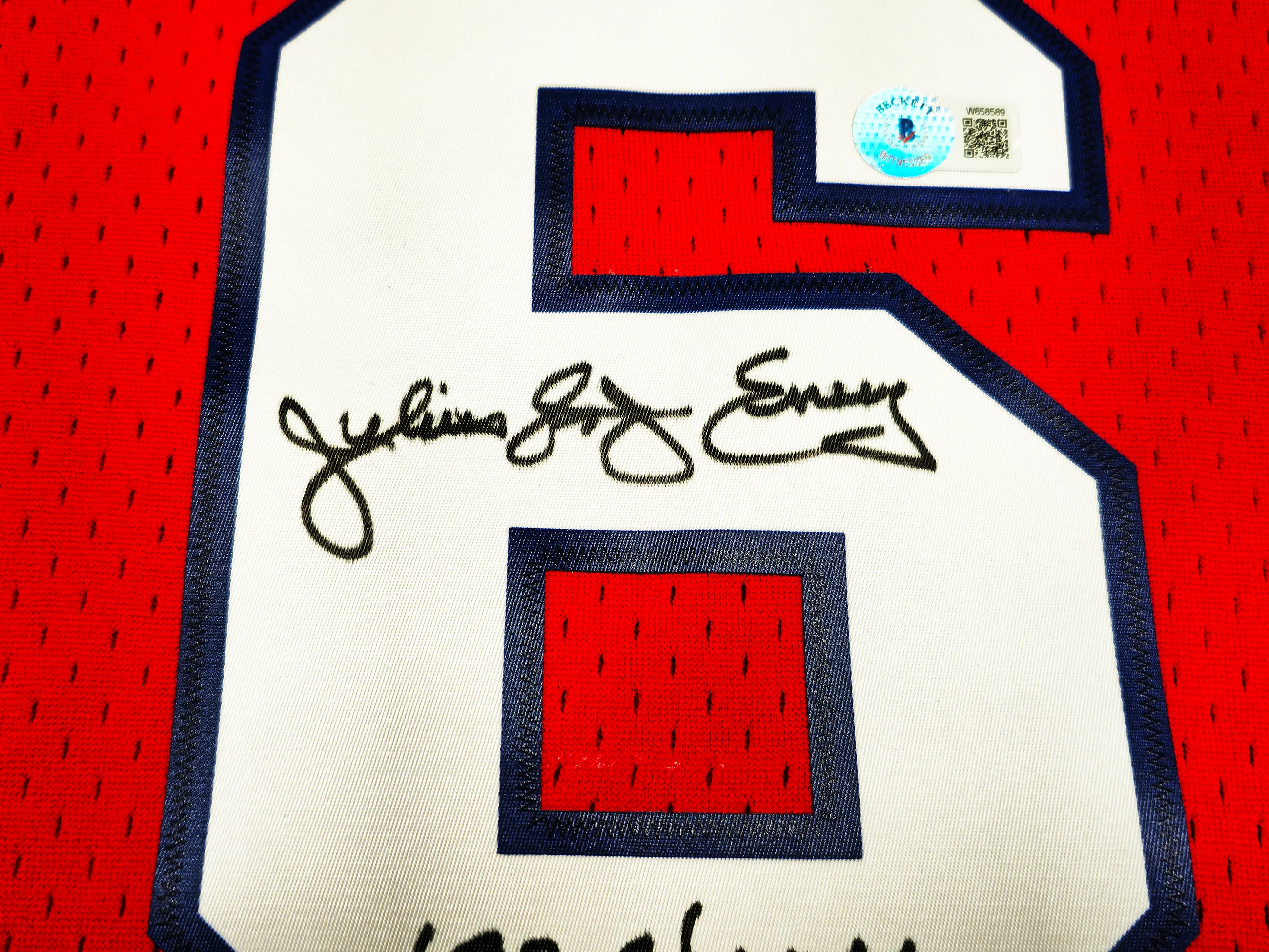 Philadelphia 76ers Julius "Dr. J" Erving Autographed Red Mitchell & Ness Hardwood Classics HWC Swingman 1982-83 Jersey Size XL "83 Champs" Beckett BAS Witness Stock #230252 - Image 4