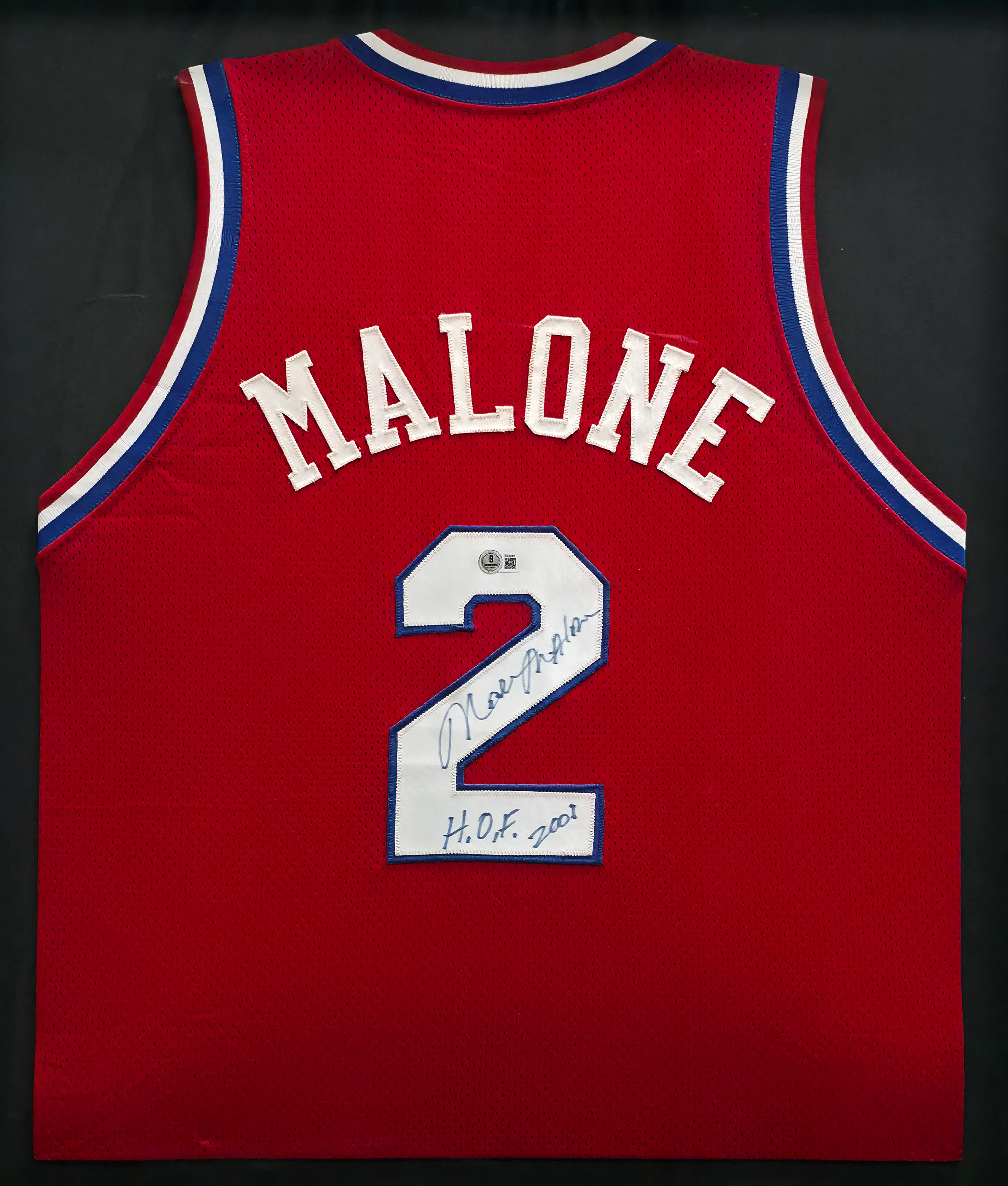 Philadelphia 76ers Moses Malone Autographed Framed Red Jersey "HOF 2001" Beckett BAS QR #BS30061 - Image 2